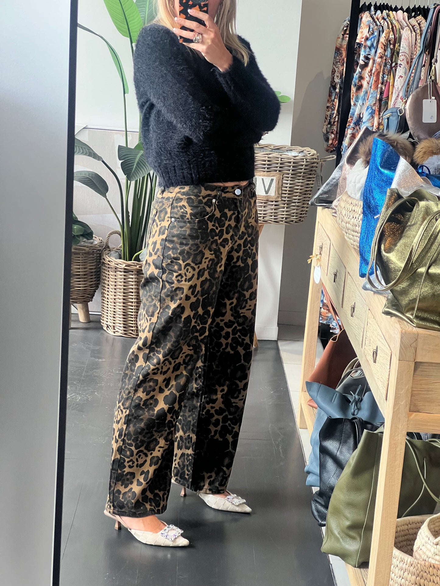 Leopard Jeans Wide Leg Pants - Dark