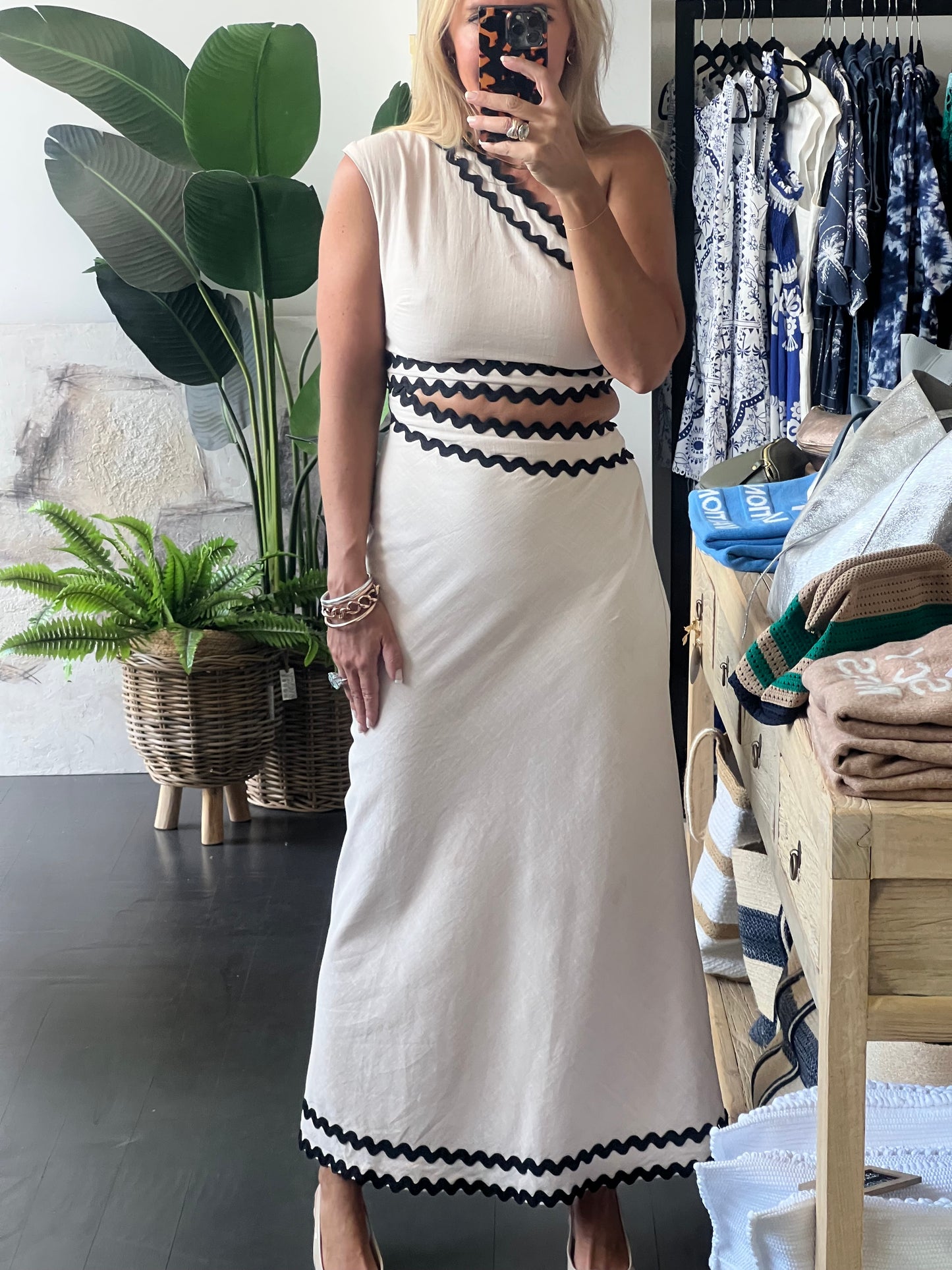 One Shoulder Linen Ric Rac Dress