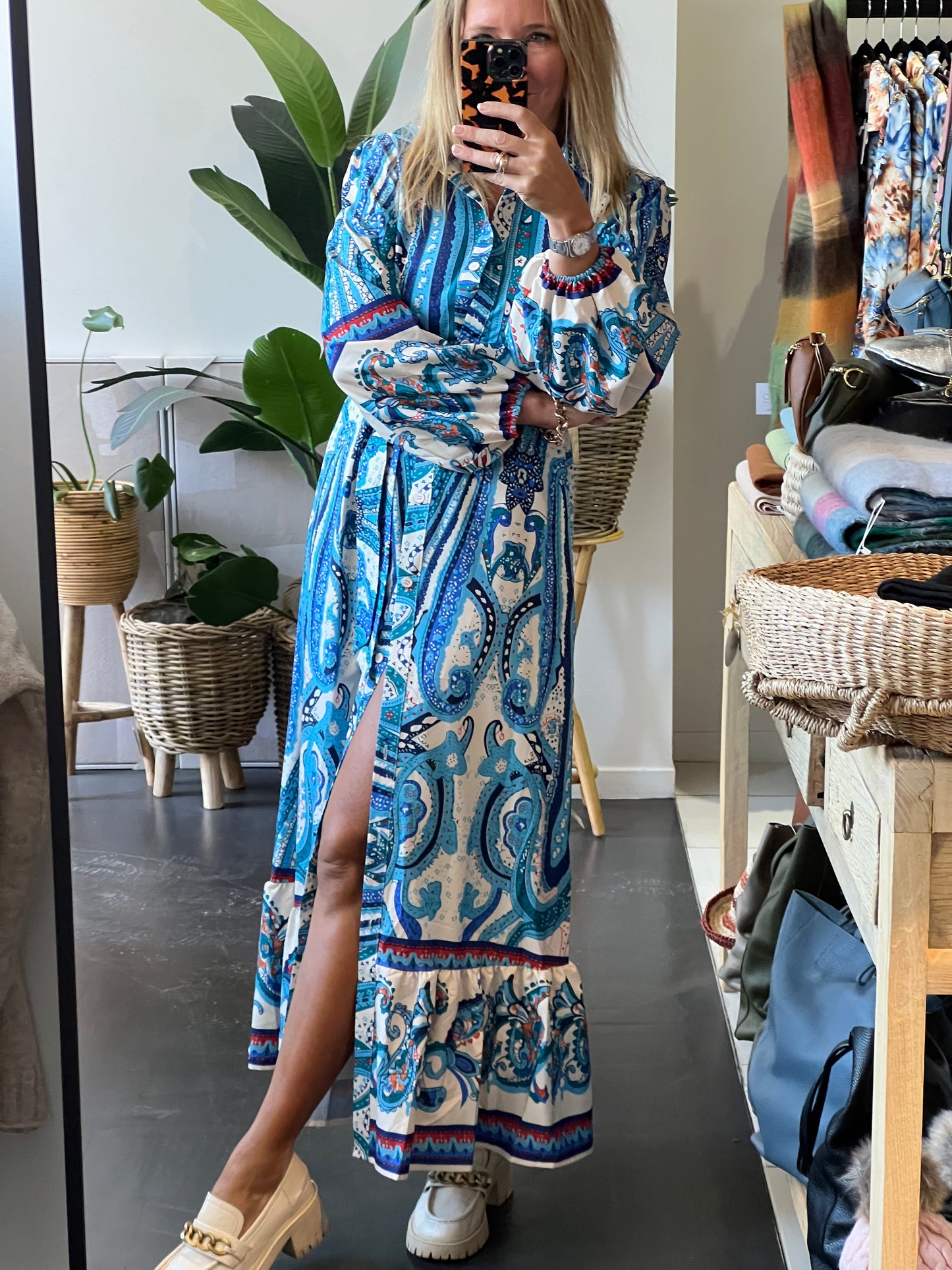 Boho Chic Shirt Dress Long Sleeve- blue