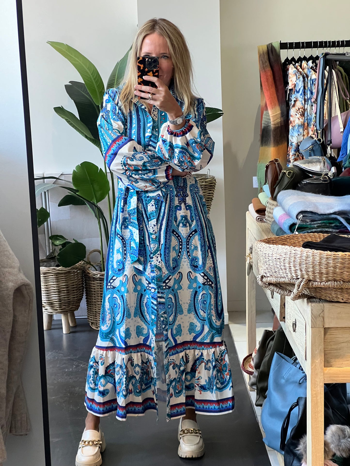 Boho Chic Shirt Dress Long Sleeve- blue