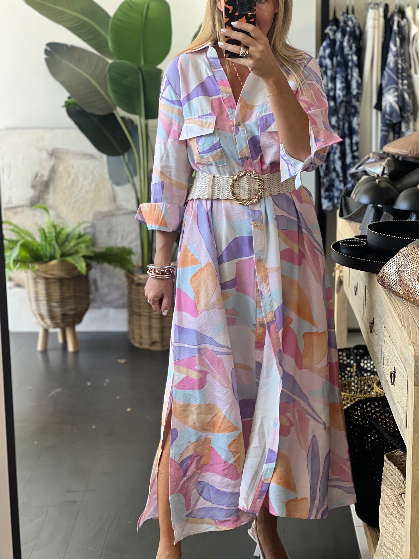 Watercolour Maxi Shirt Midi Dress- Pink