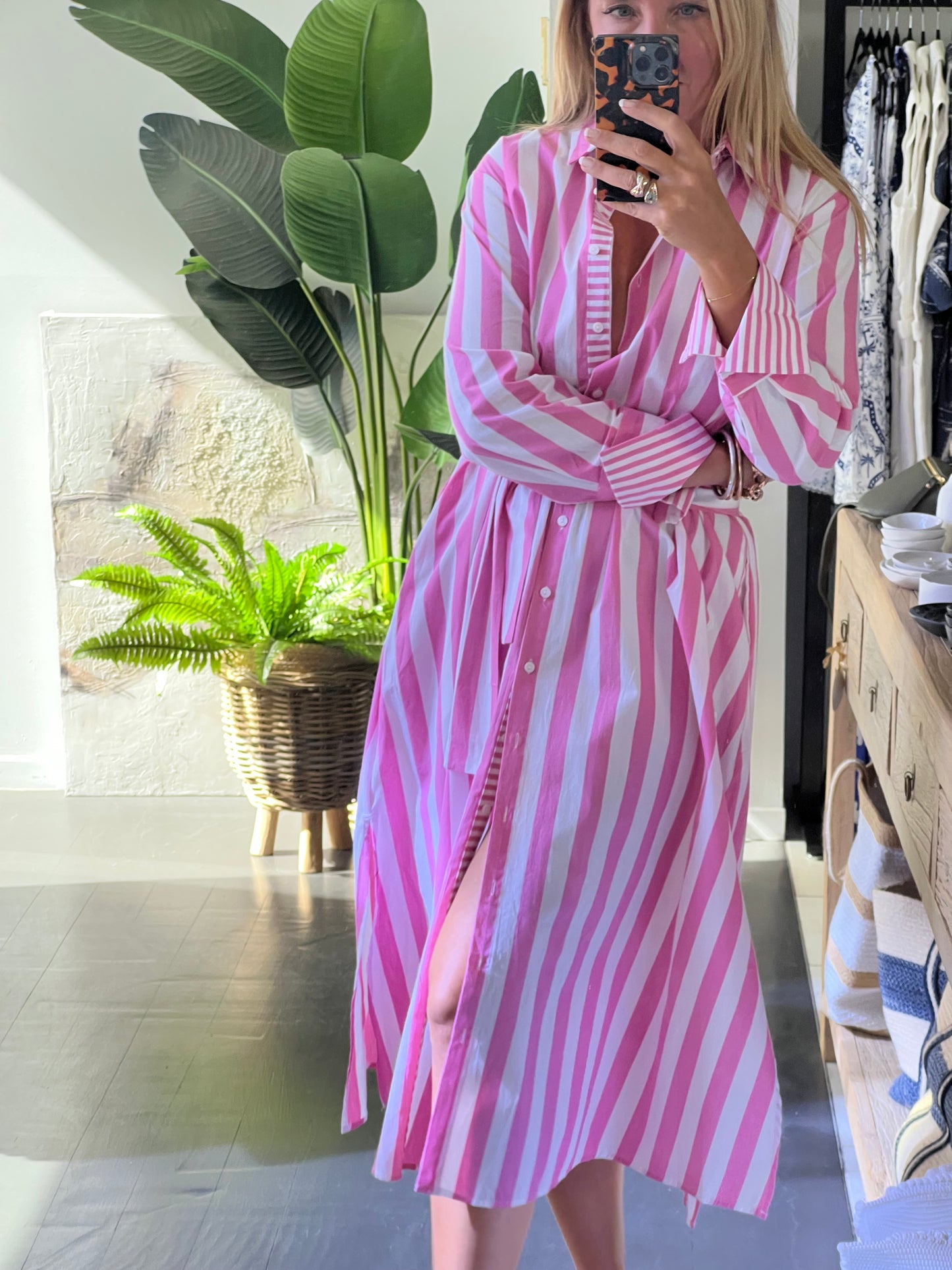 Stripe Long Sleeve Shirt Maxi Dress - Pink