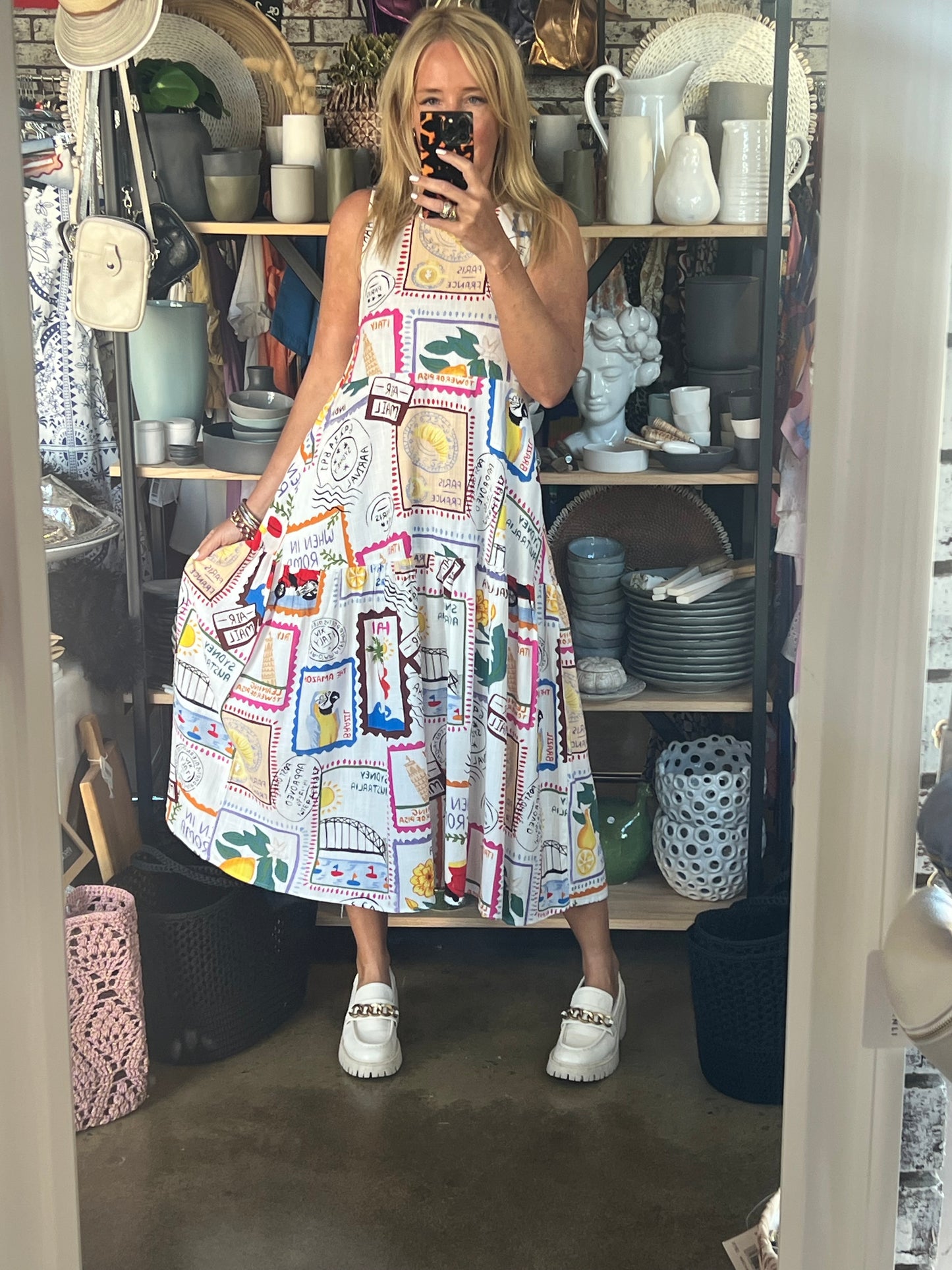 Postcards Sleeveless Midi Dress