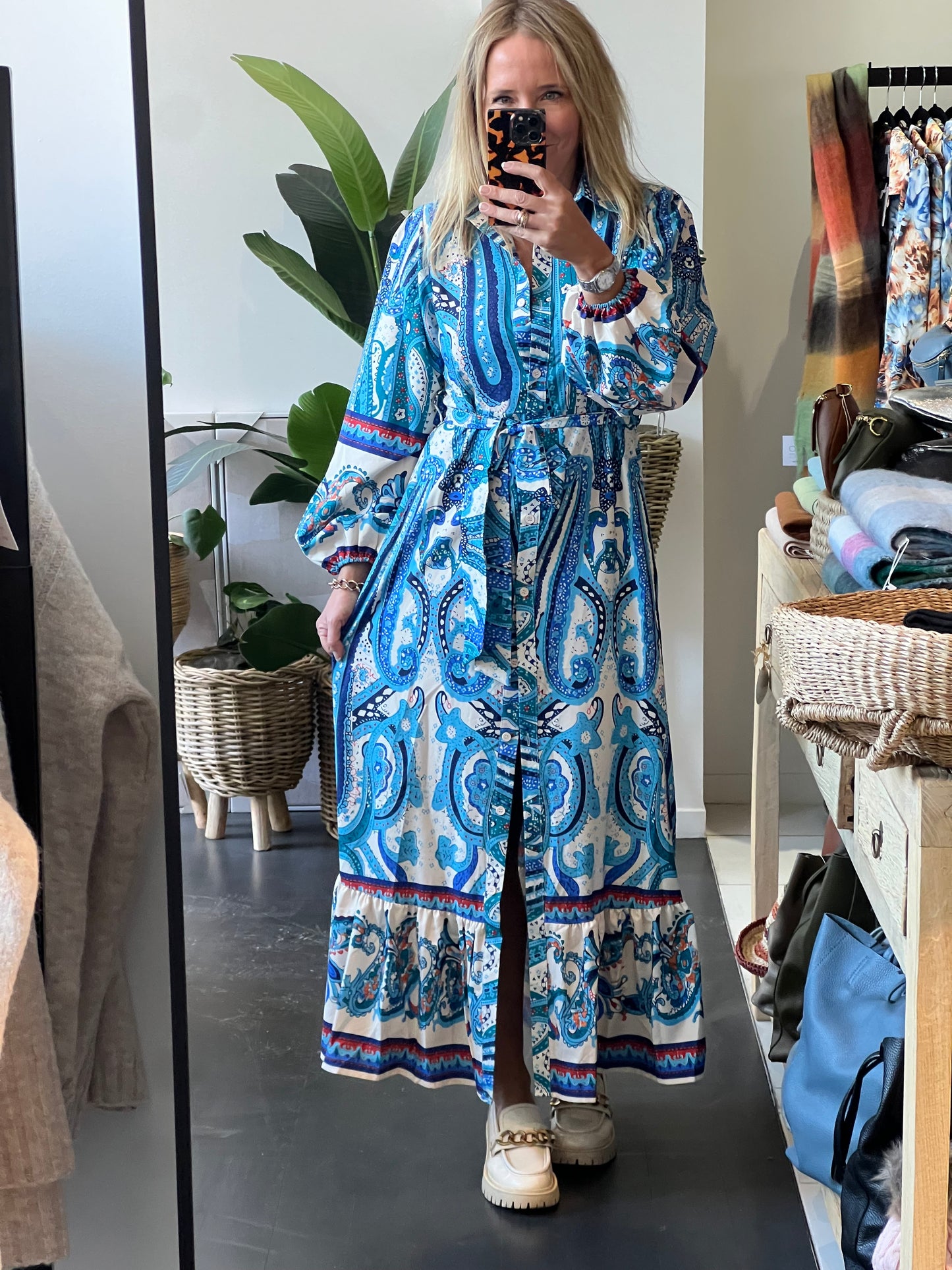 Boho Chic Shirt Dress Long Sleeve- blue