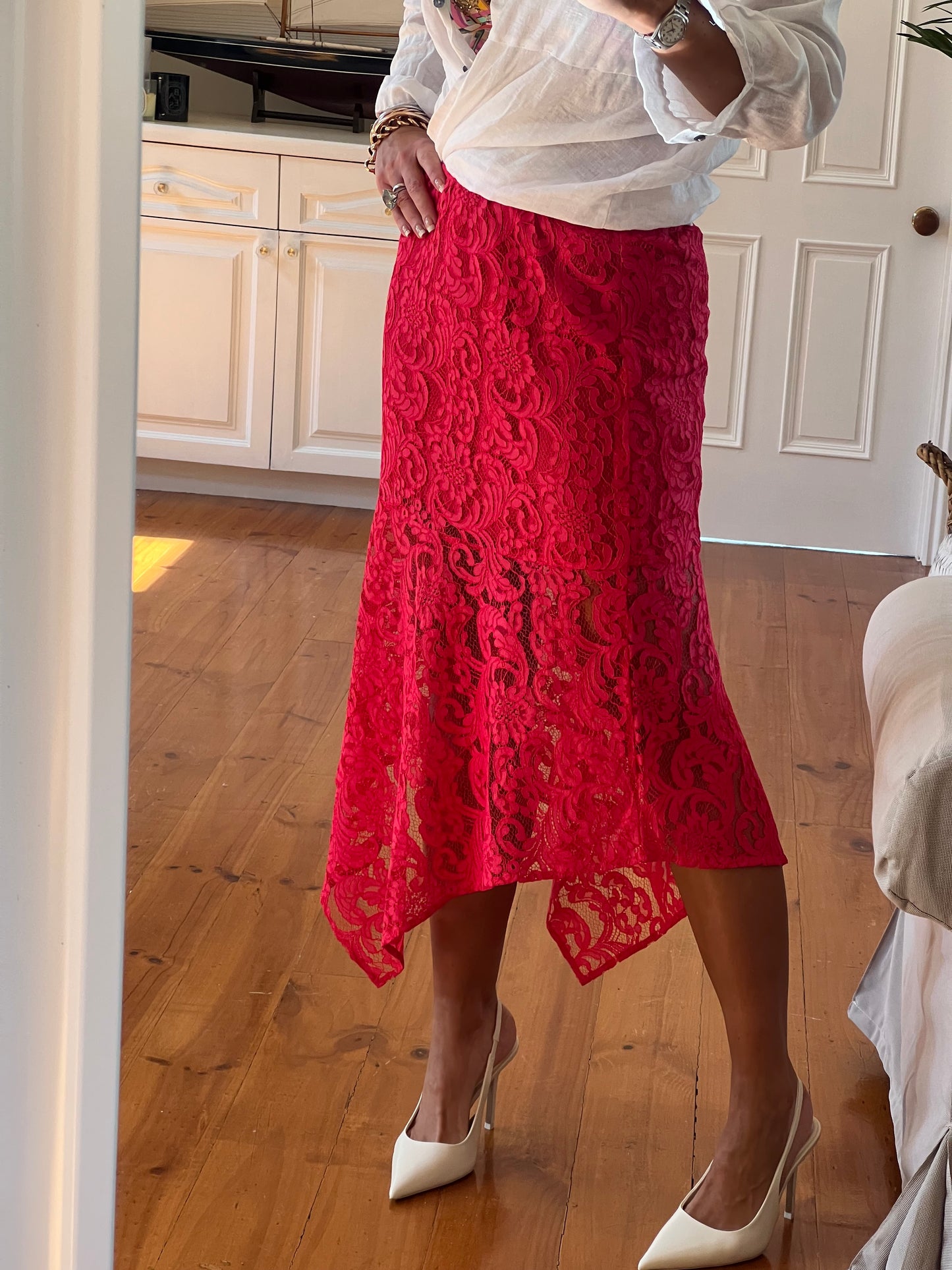 Red Lace Midi Skirt