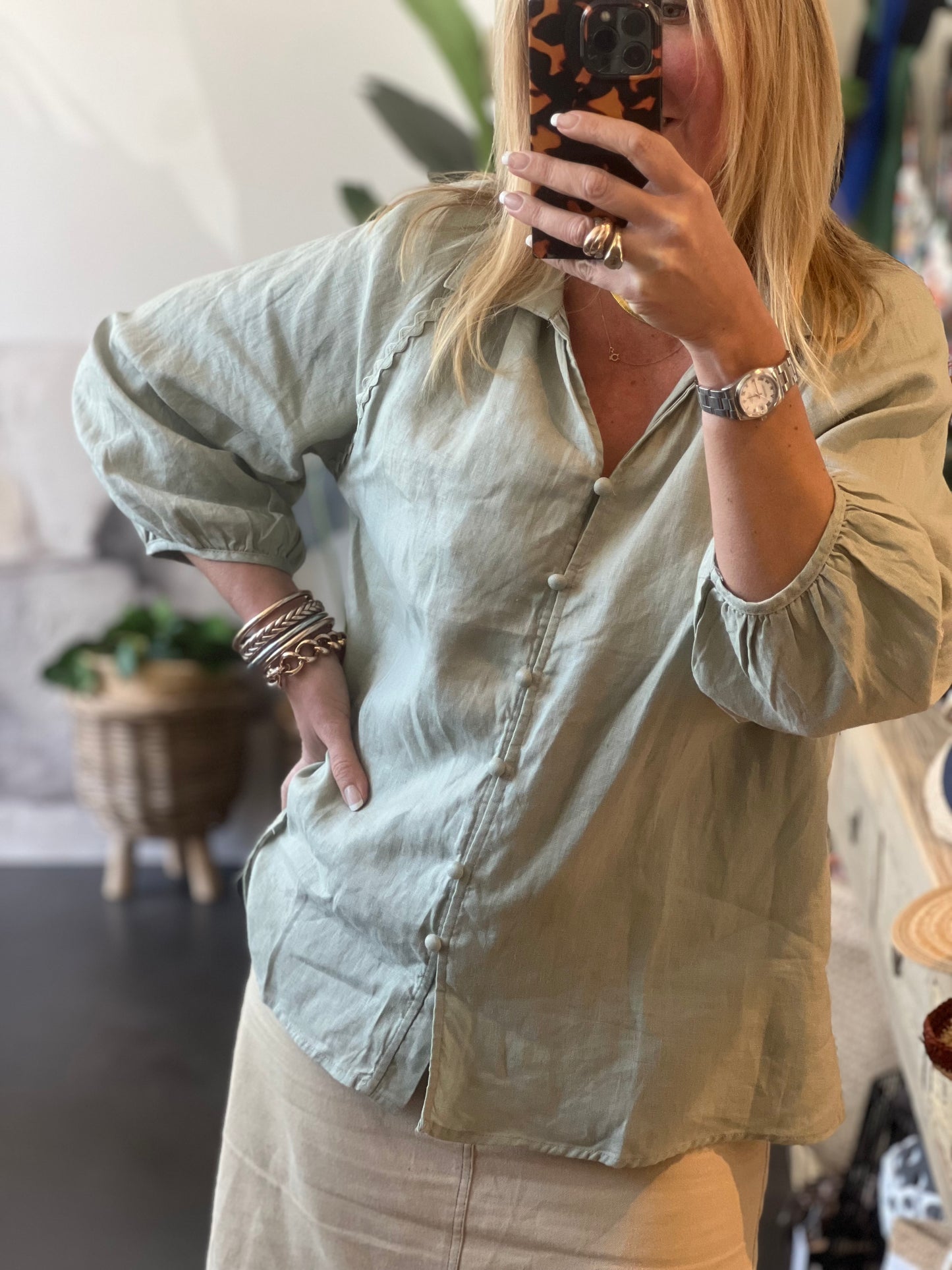 Linen Top Shirt - sage