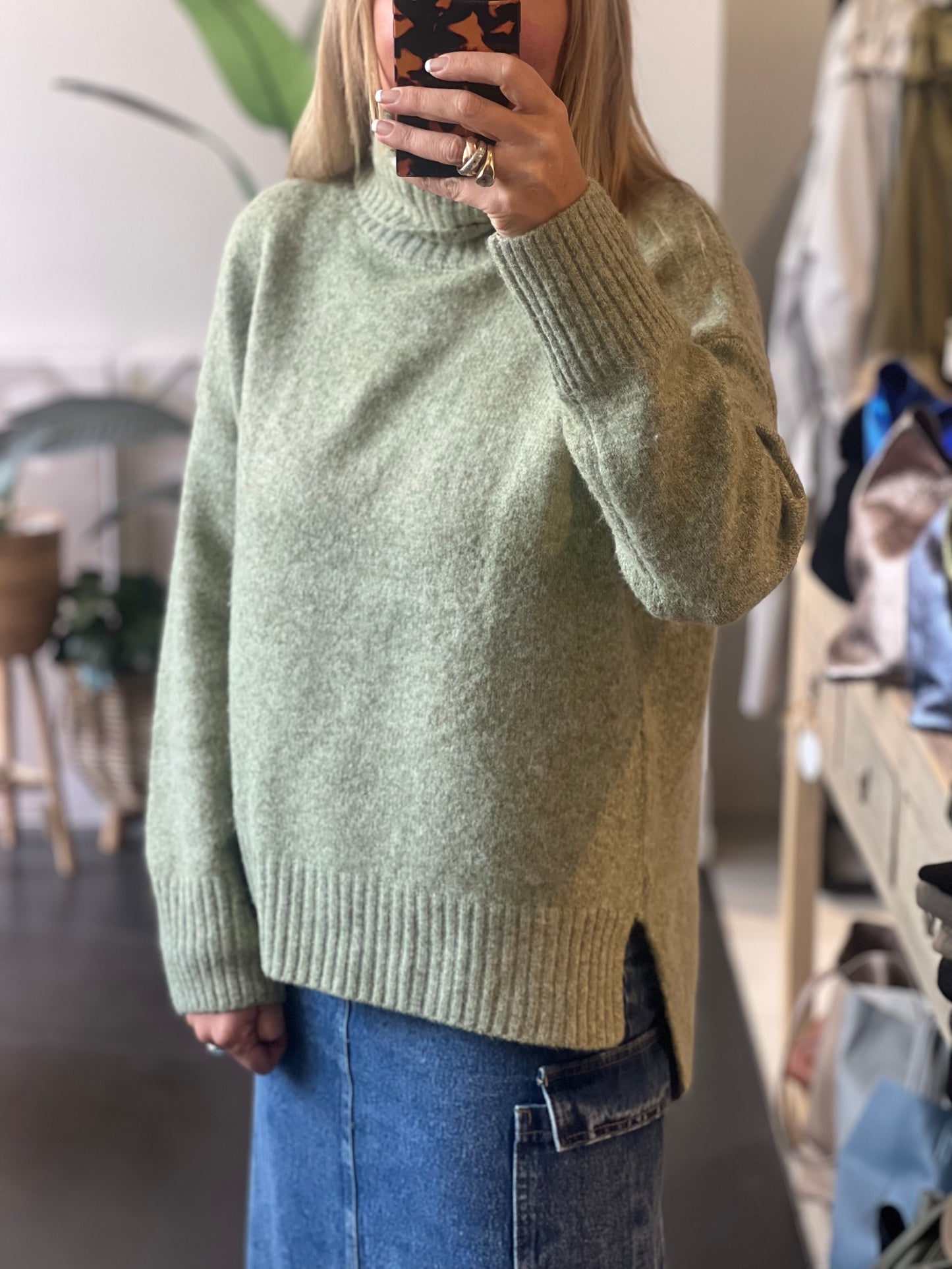 Roll Neck Relaxed Knit- avocado