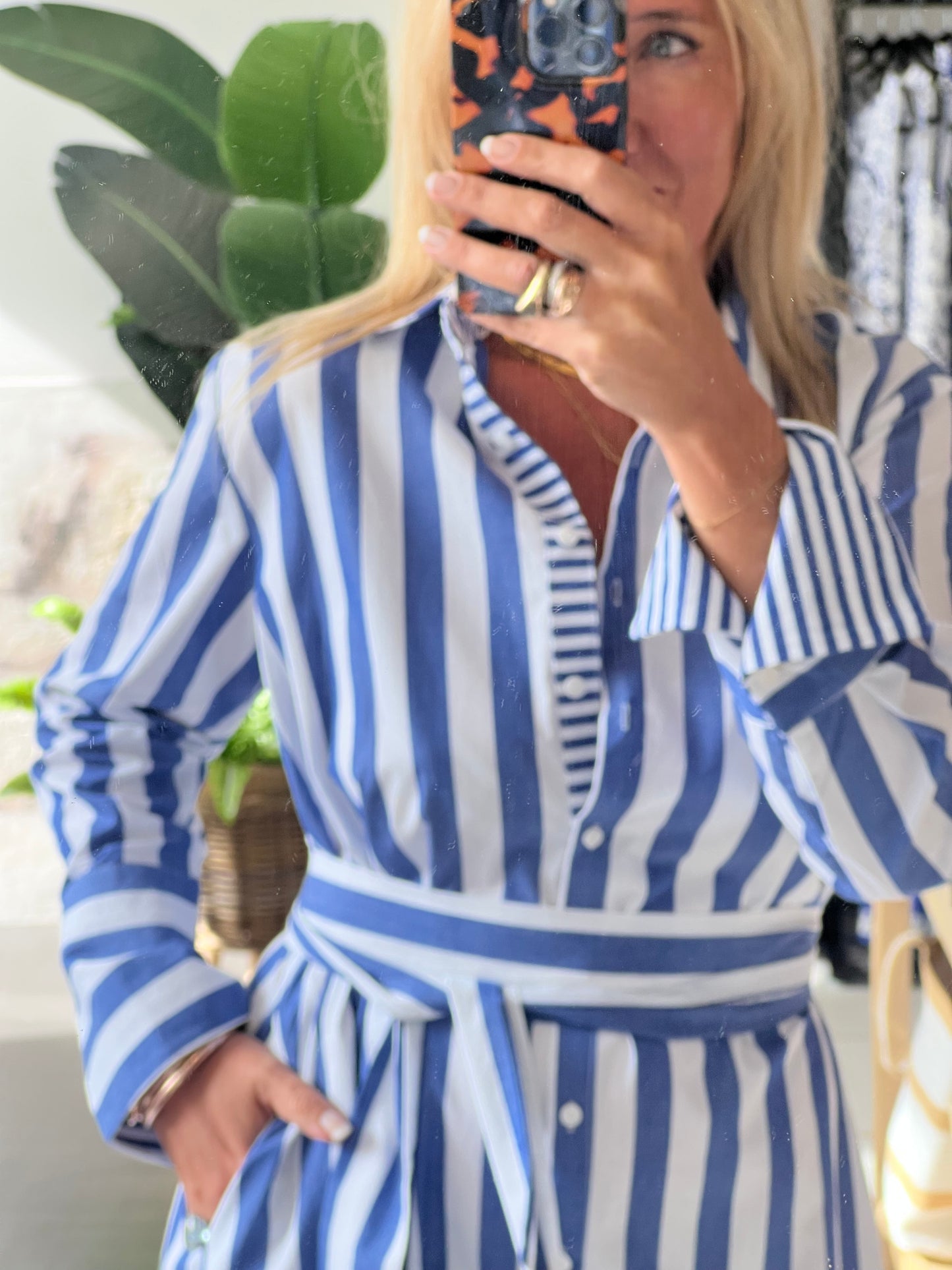 Stripe Long Sleeve Shirt Maxi Dress - Blue