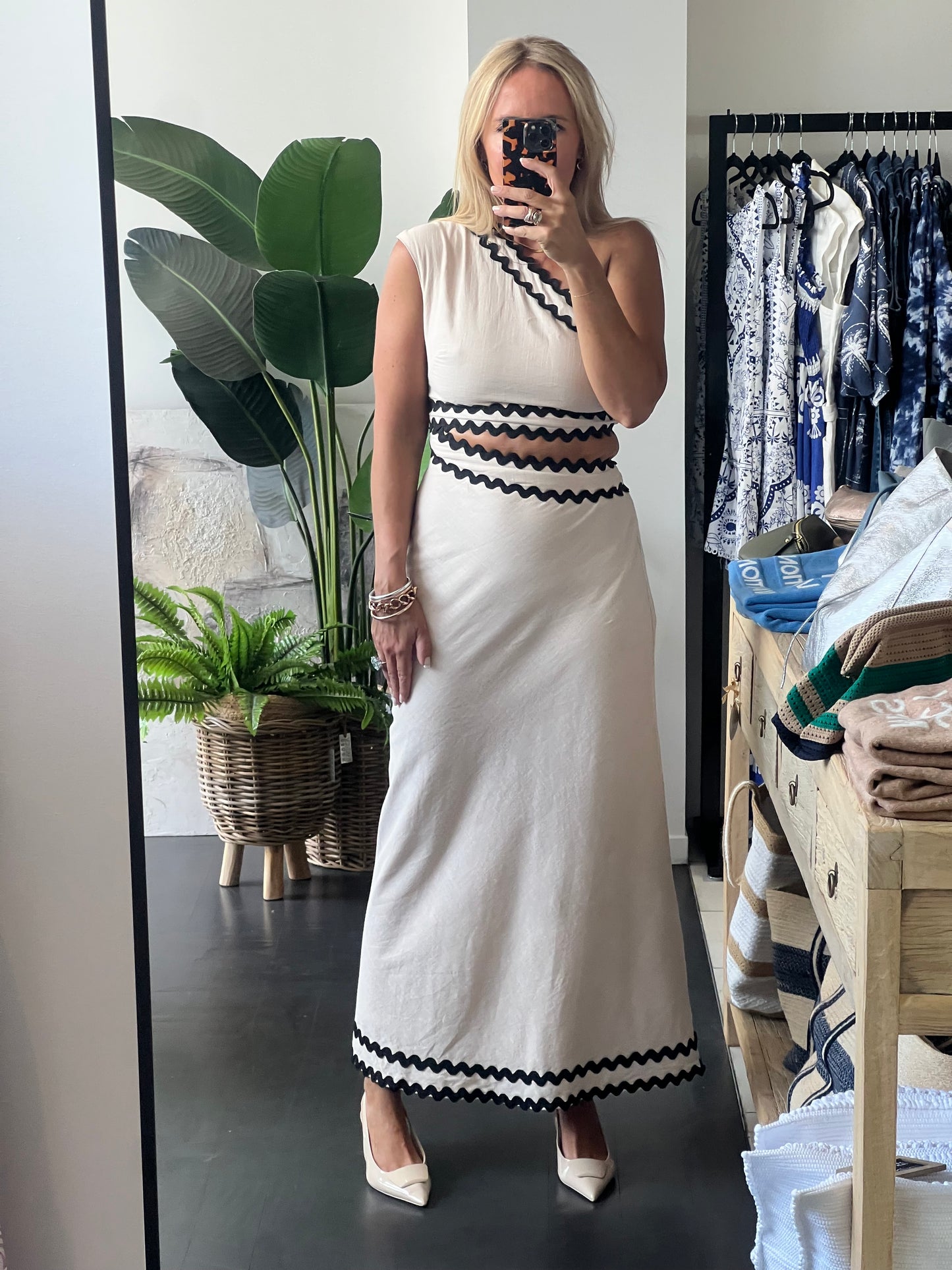 One Shoulder Linen Ric Rac Dress