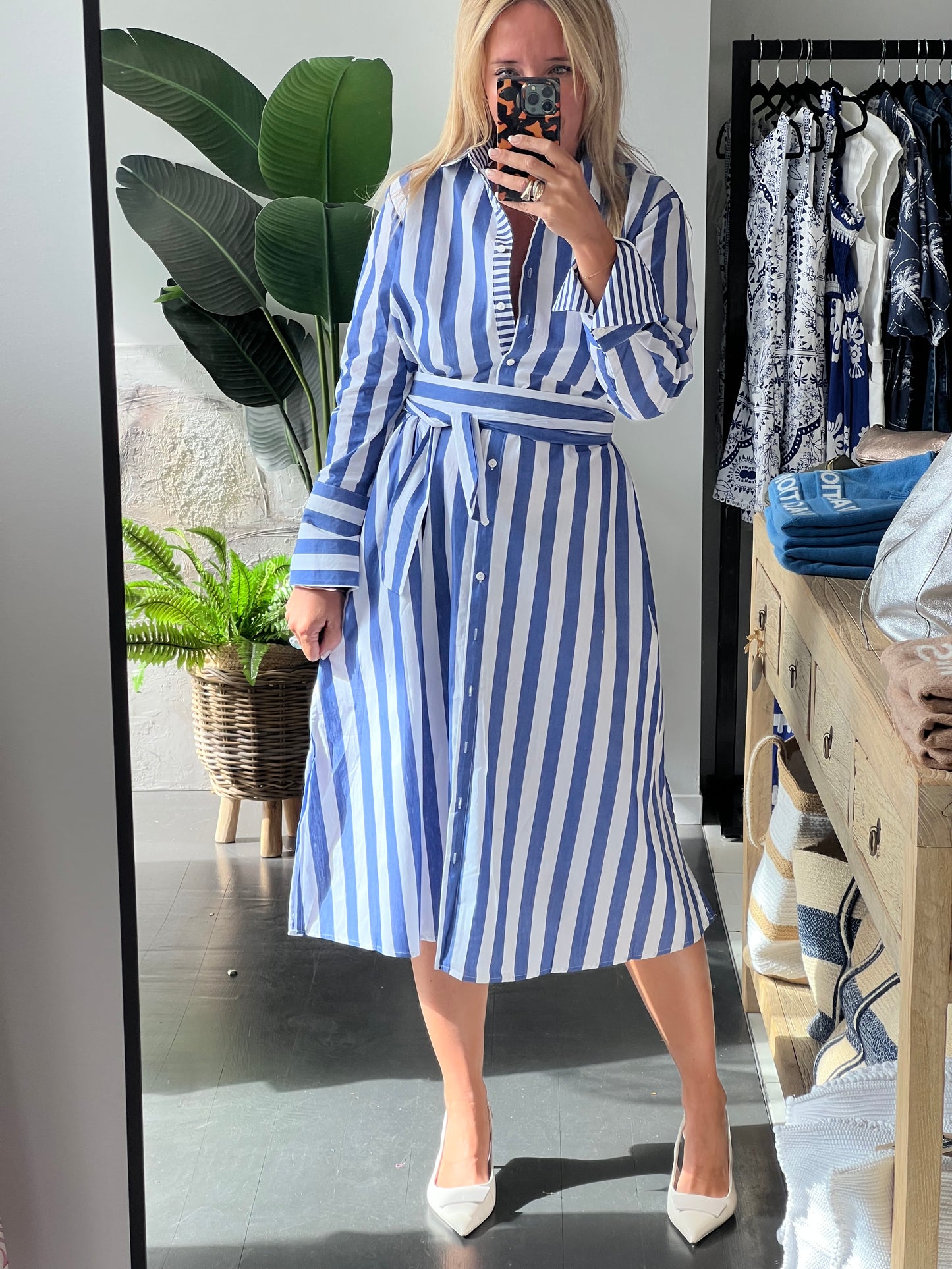 Stripe Long Sleeve Shirt Maxi Dress - Blue