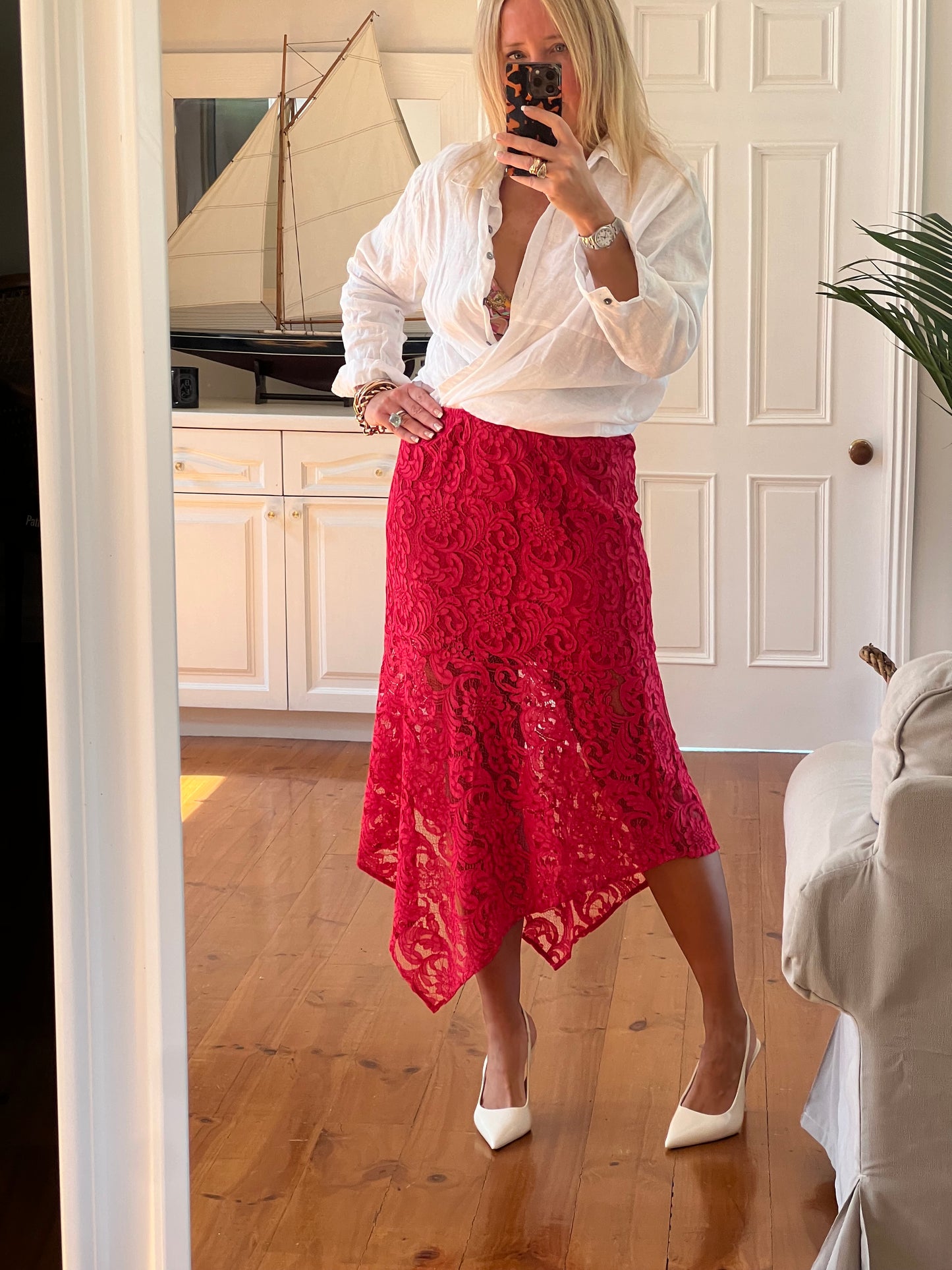 Red Lace Midi Skirt