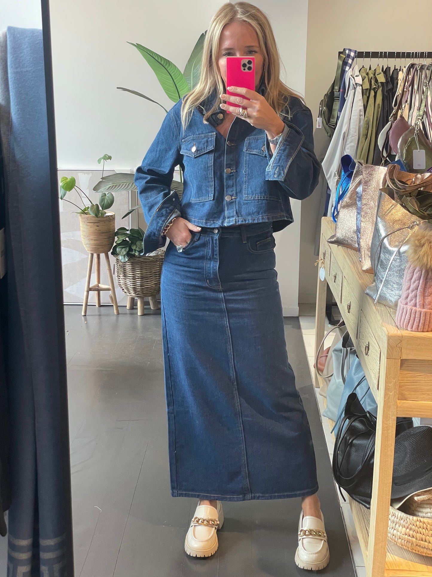 Back Split Indigo Wash Denim Maxi Skirt