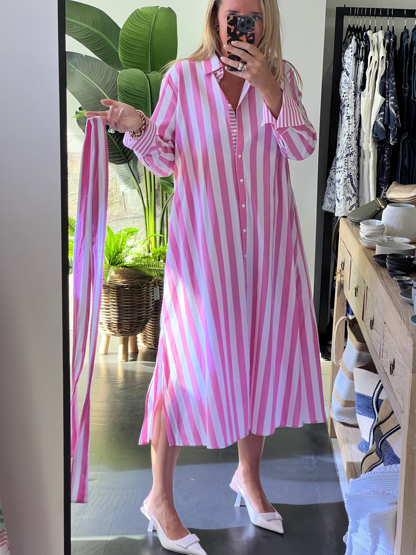 Stripe Long Sleeve Shirt Maxi Dress - Pink