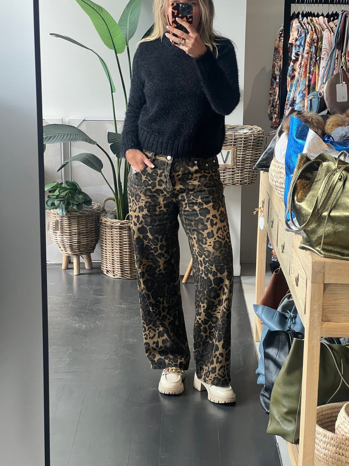 Leopard Jeans Wide Leg Pants - Dark