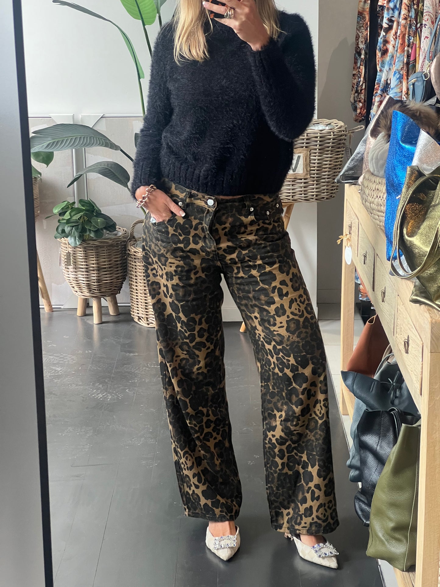 Leopard Jeans Wide Leg Pants - Dark