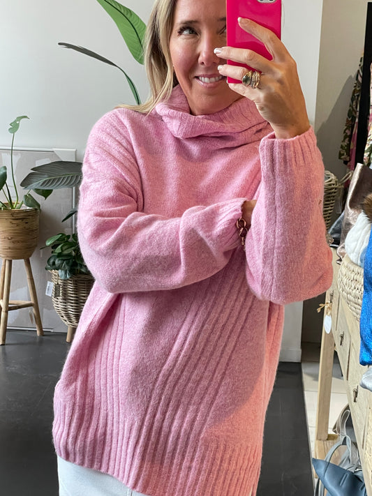 Roll Neck Relaxed Knit- candy pink