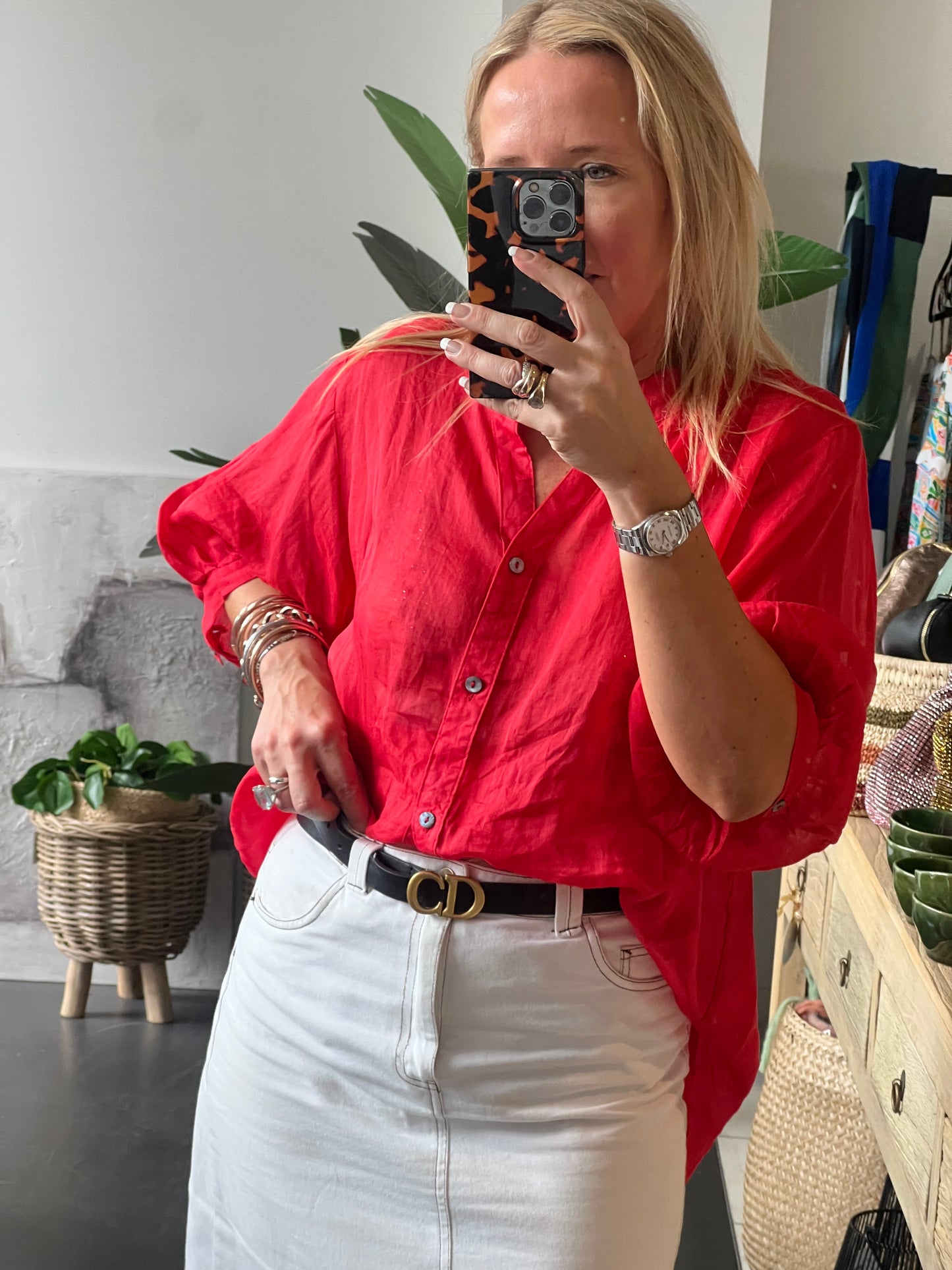 Fine Linen Shirt Travel Top - red