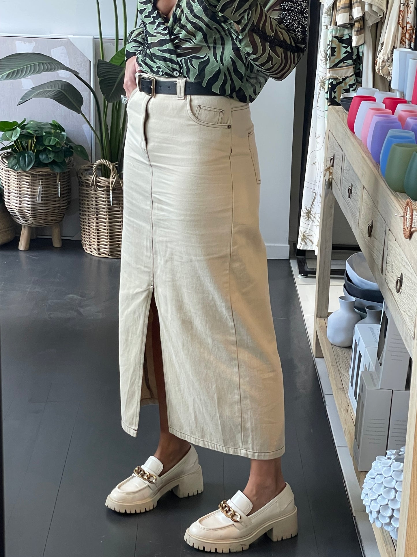 Taupe Denim Midi Skirt