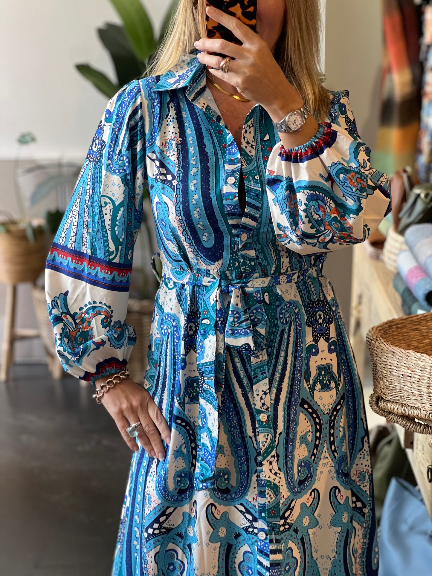 Boho Chic Shirt Dress Long Sleeve- blue