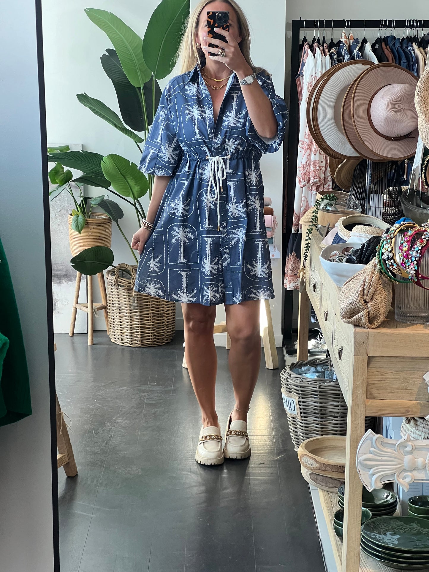 Navy Palms Shirt Dress