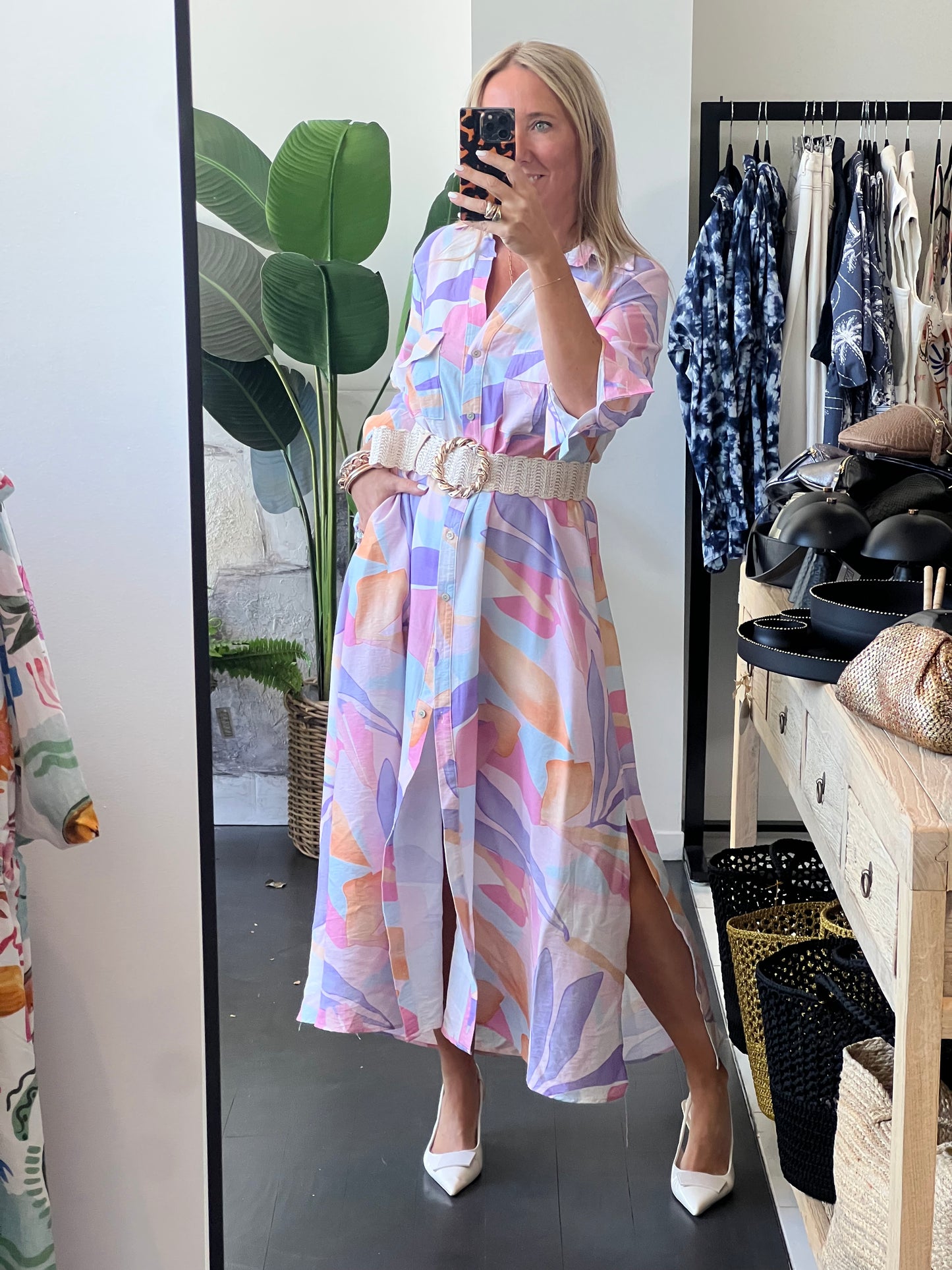 Watercolour Maxi Shirt Midi Dress- Pink