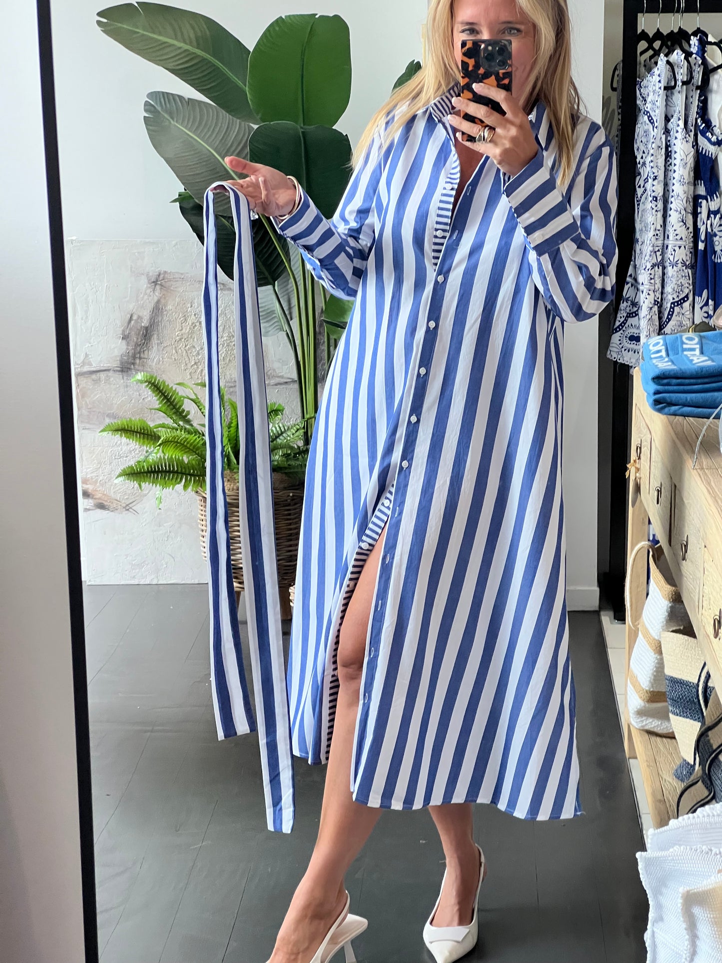 Stripe Long Sleeve Shirt Maxi Dress - Blue