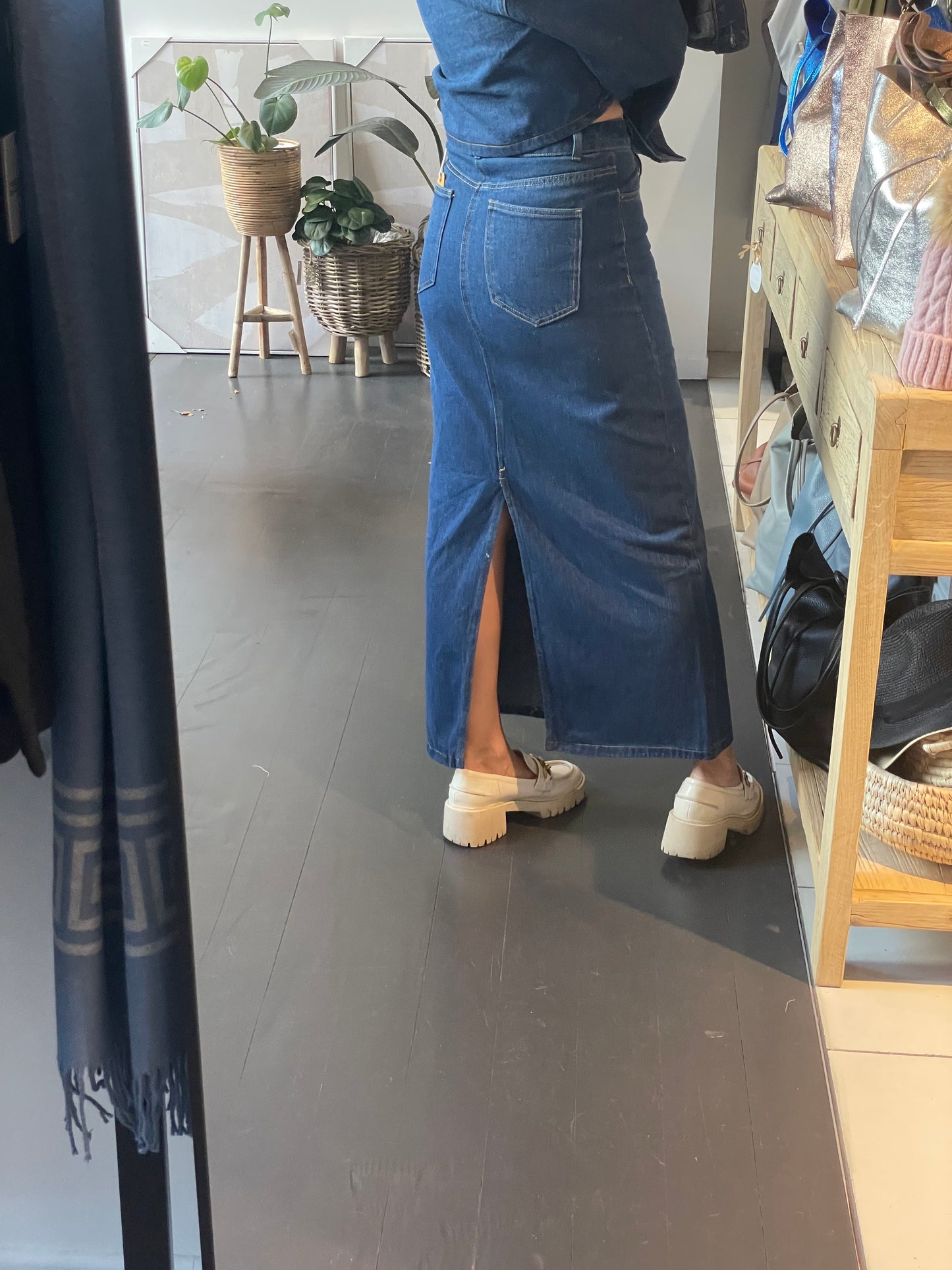 Back Split Indigo Wash Denim Maxi Skirt