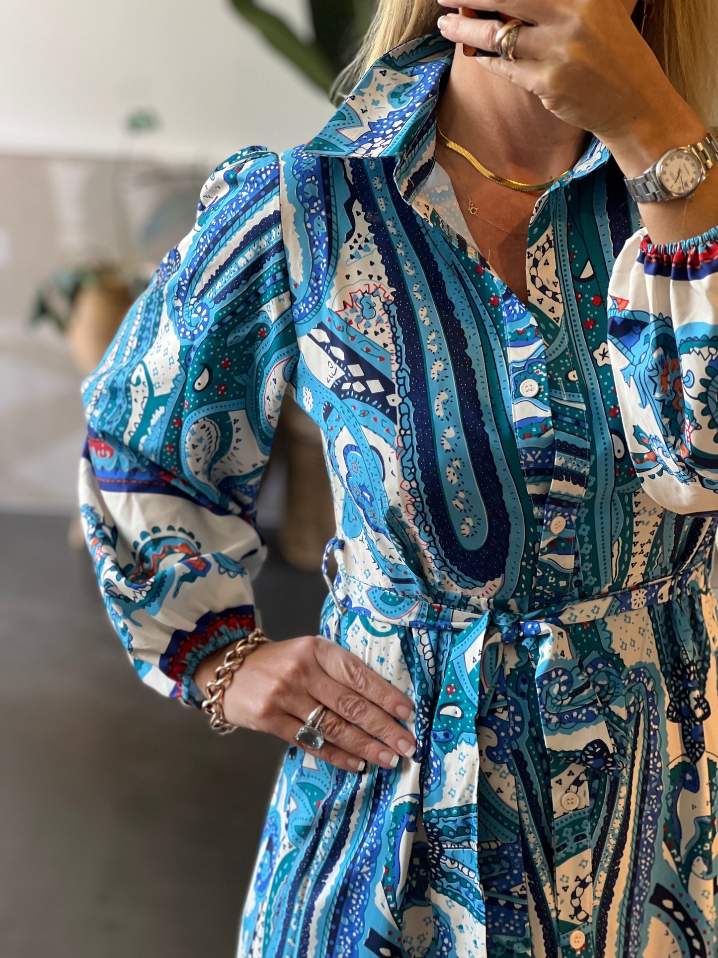 Boho Chic Shirt Dress Long Sleeve- blue