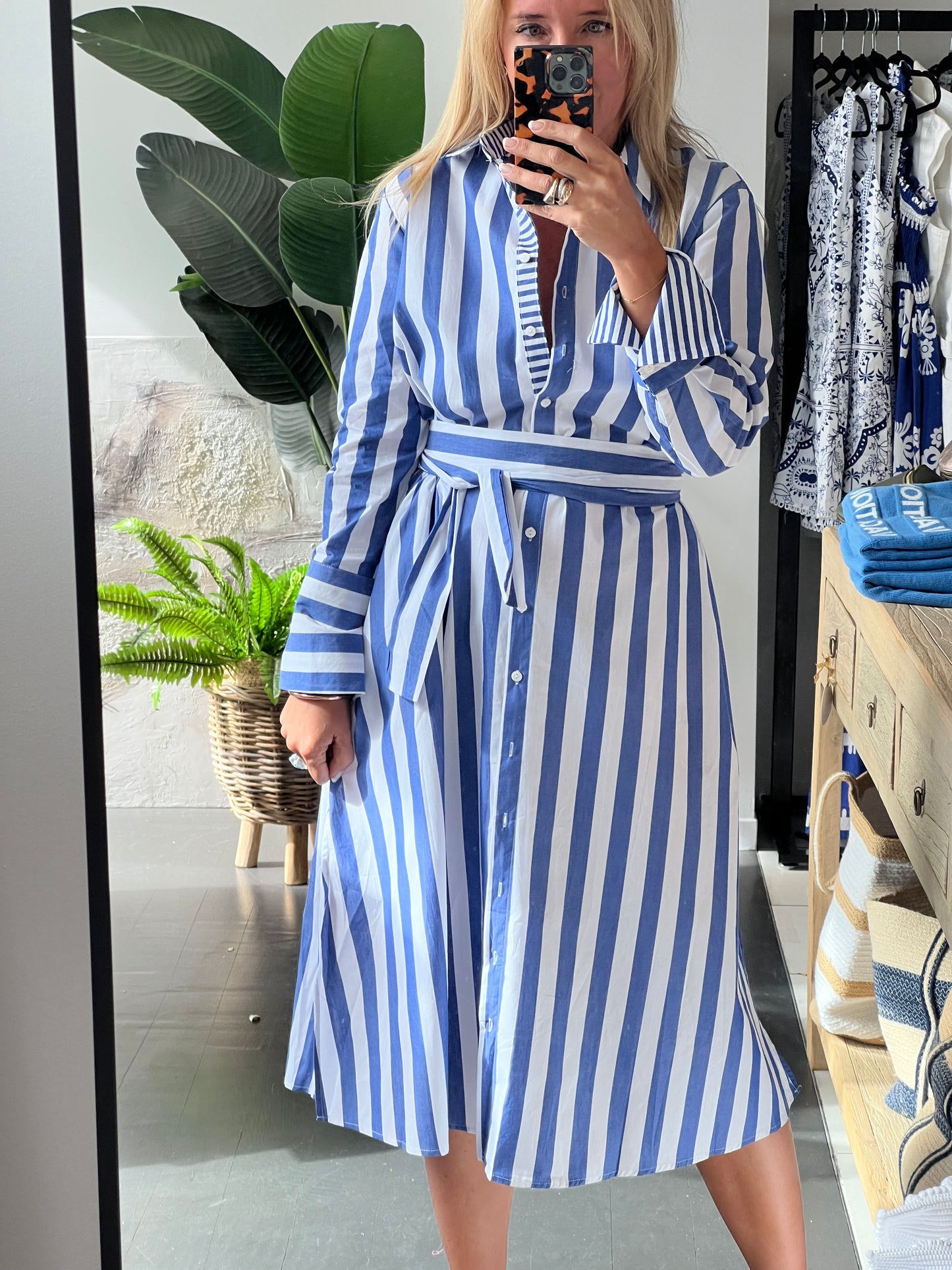 Stripe Long Sleeve Shirt Maxi Dress - Blue