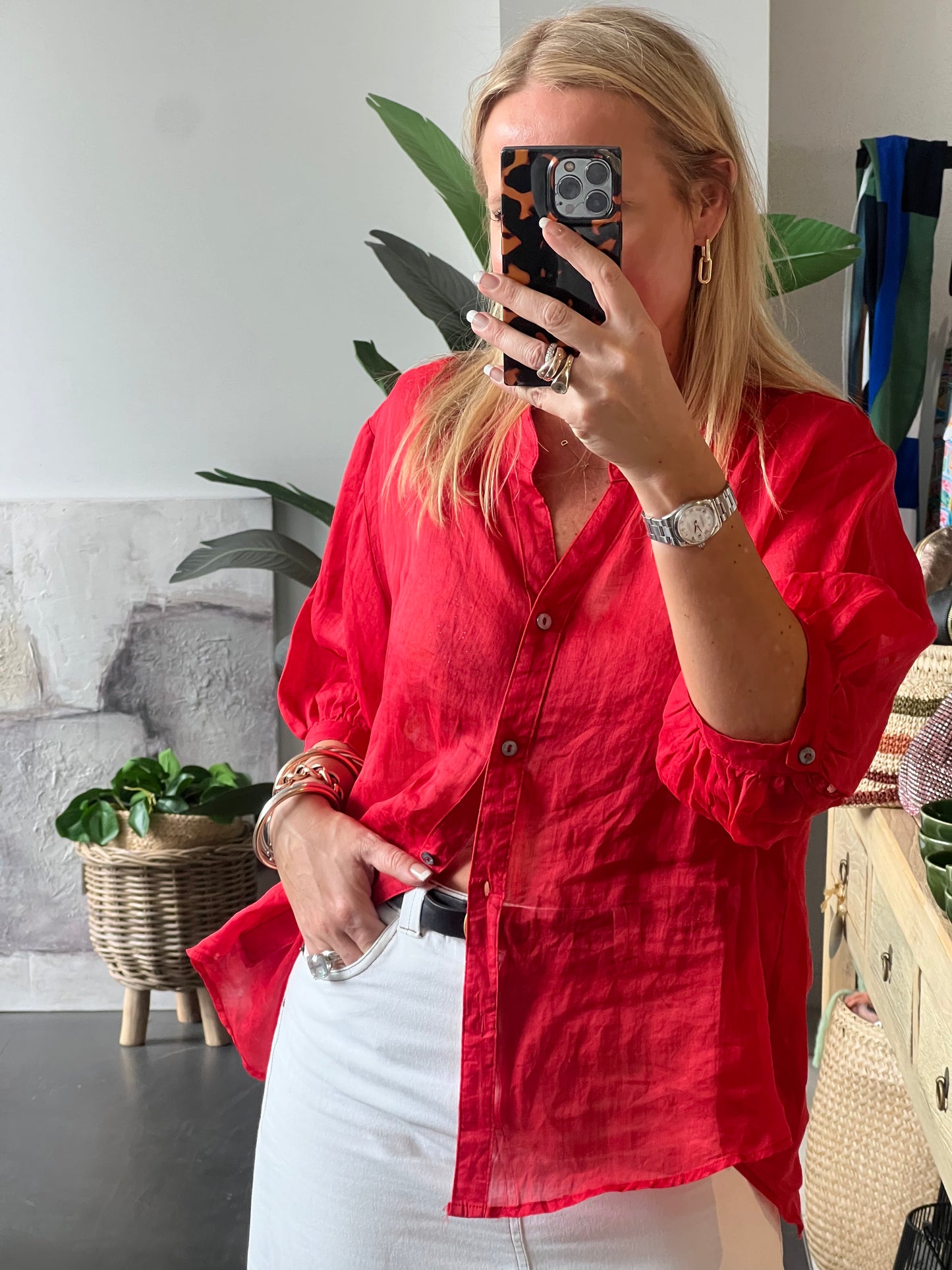 Fine Linen Shirt Travel Top - red