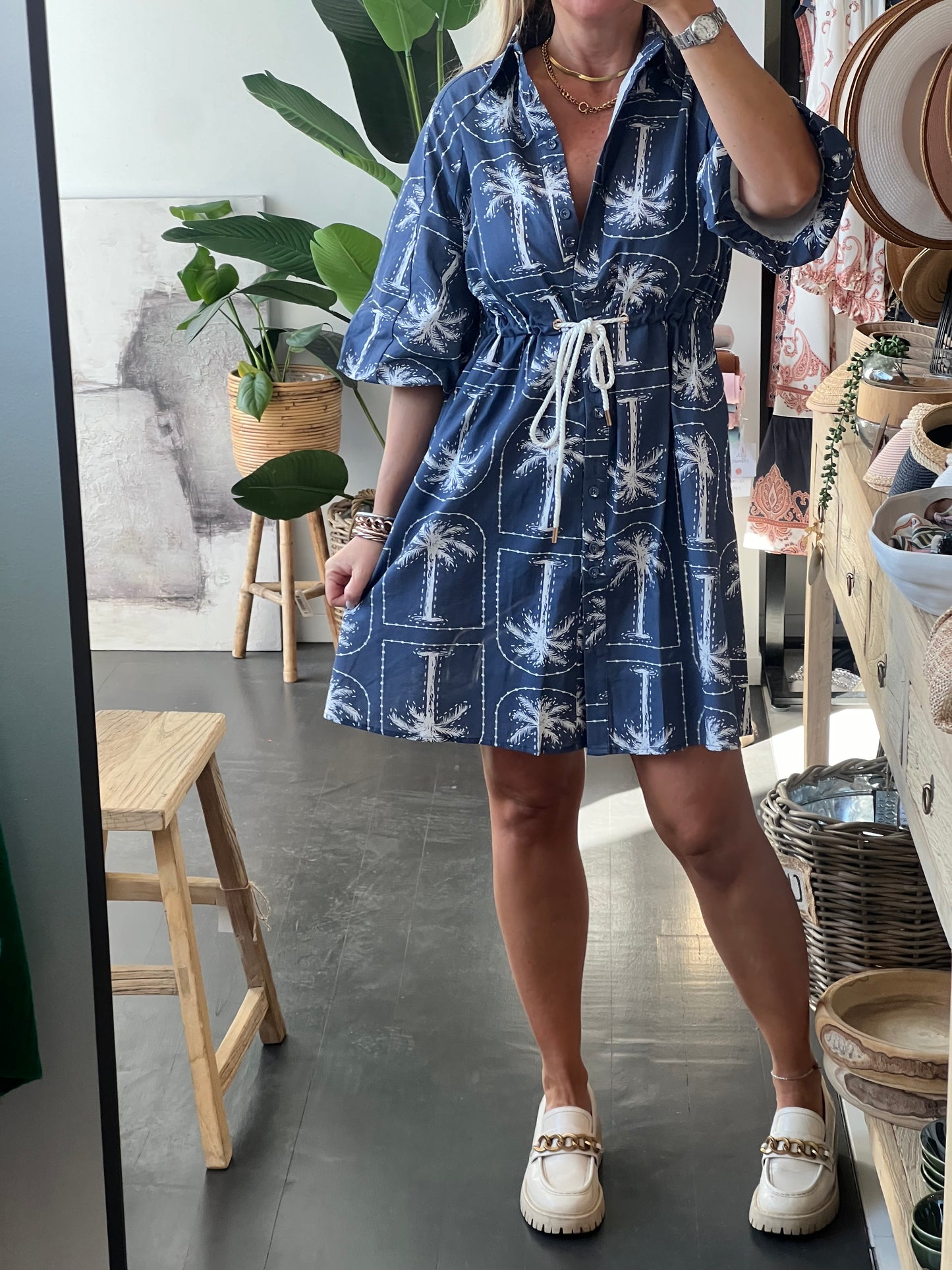 Navy Palms Shirt Dress