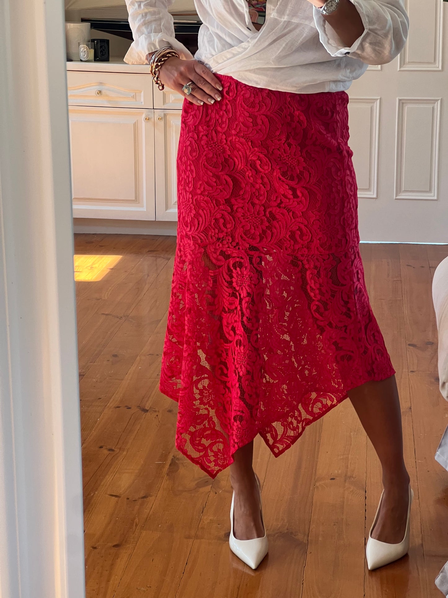 Red Lace Midi Skirt