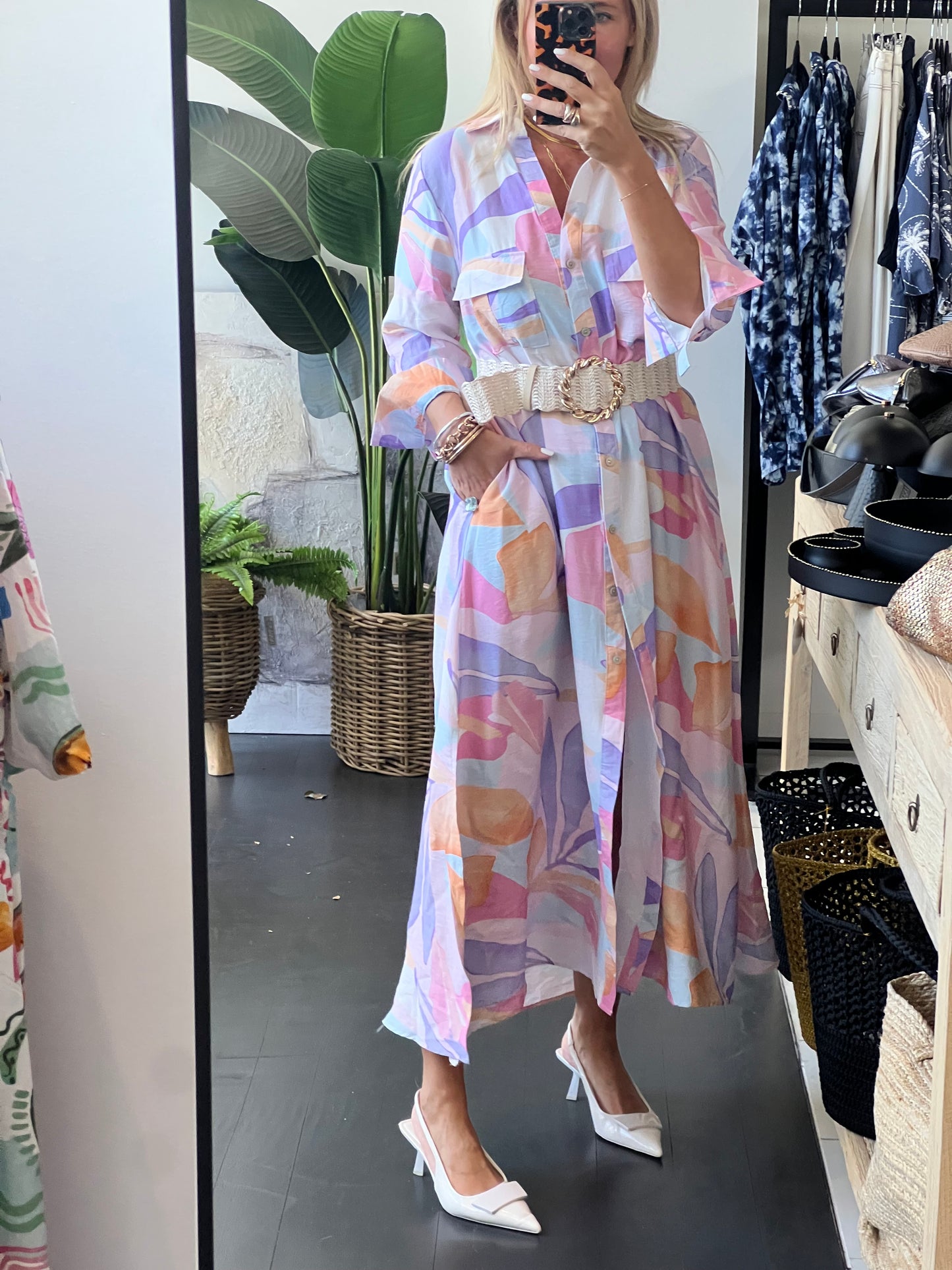 Watercolour Maxi Shirt Midi Dress- Pink