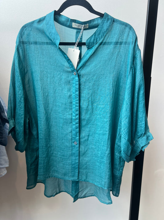 Fine Linen Shirt Travel Top - teal