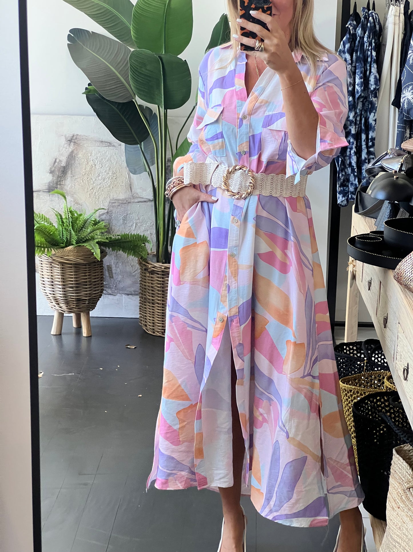 Watercolour Maxi Shirt Midi Dress- Pink