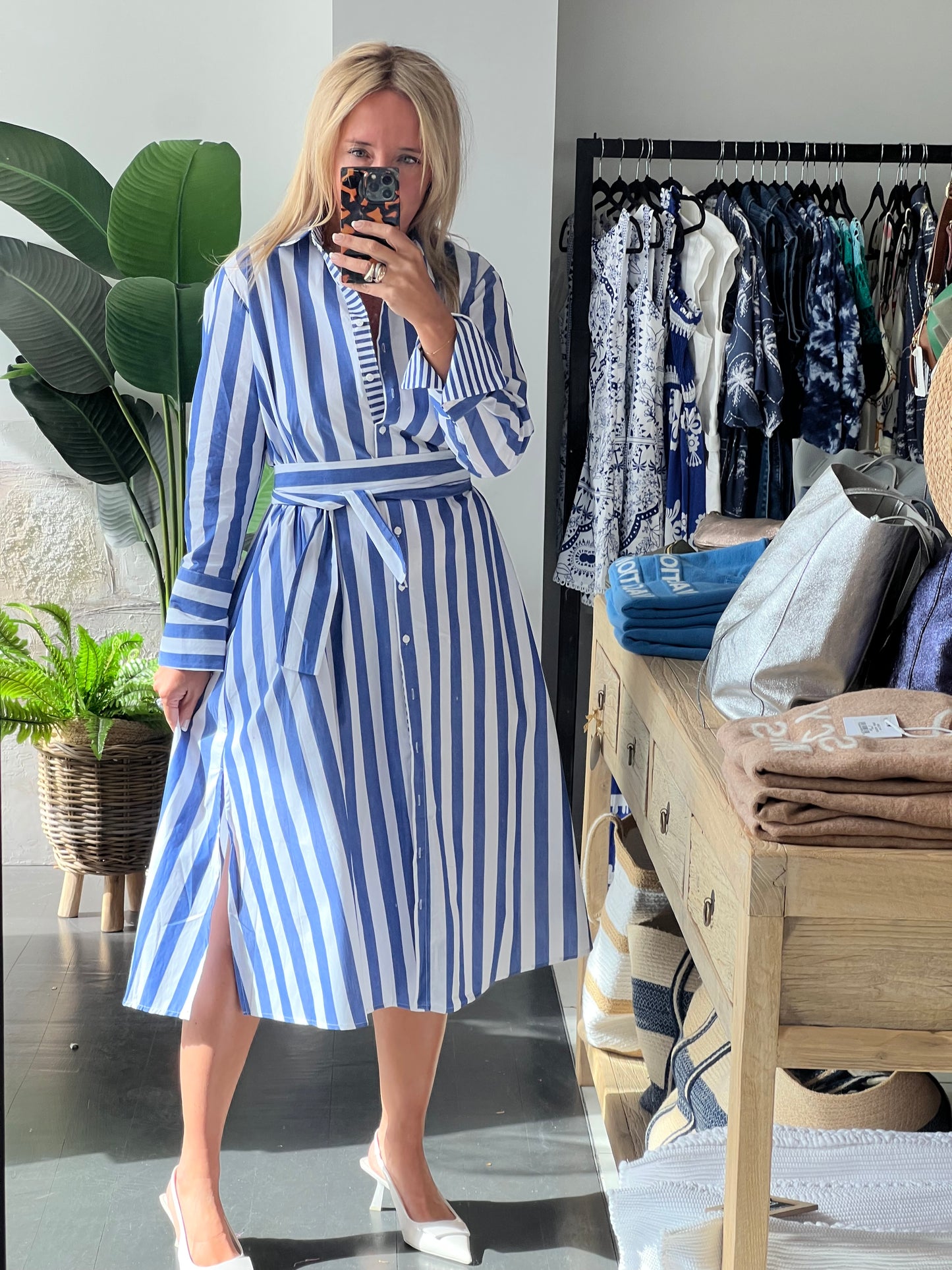 Stripe Long Sleeve Shirt Maxi Dress - Blue