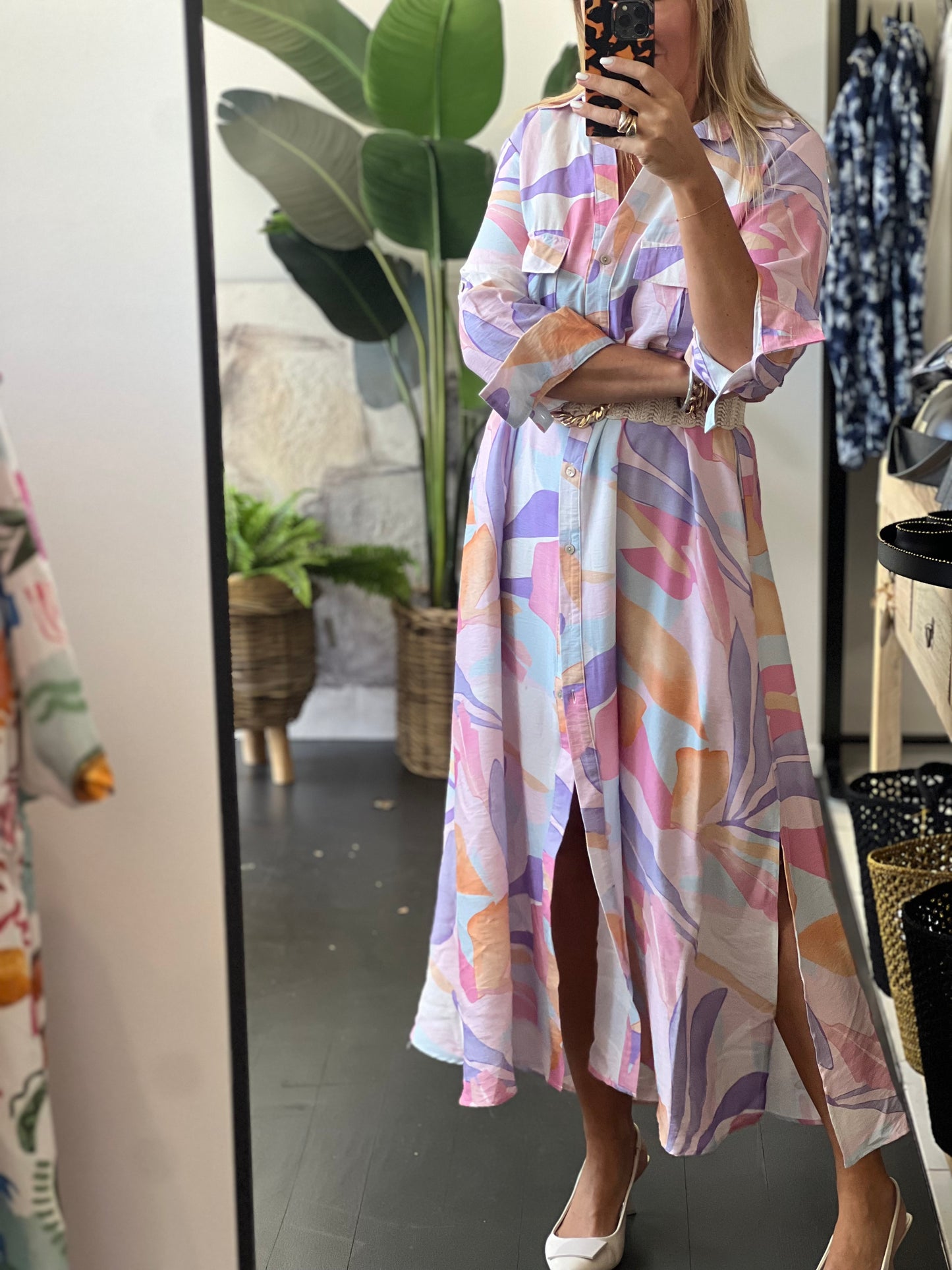 Watercolour Maxi Shirt Midi Dress- Pink