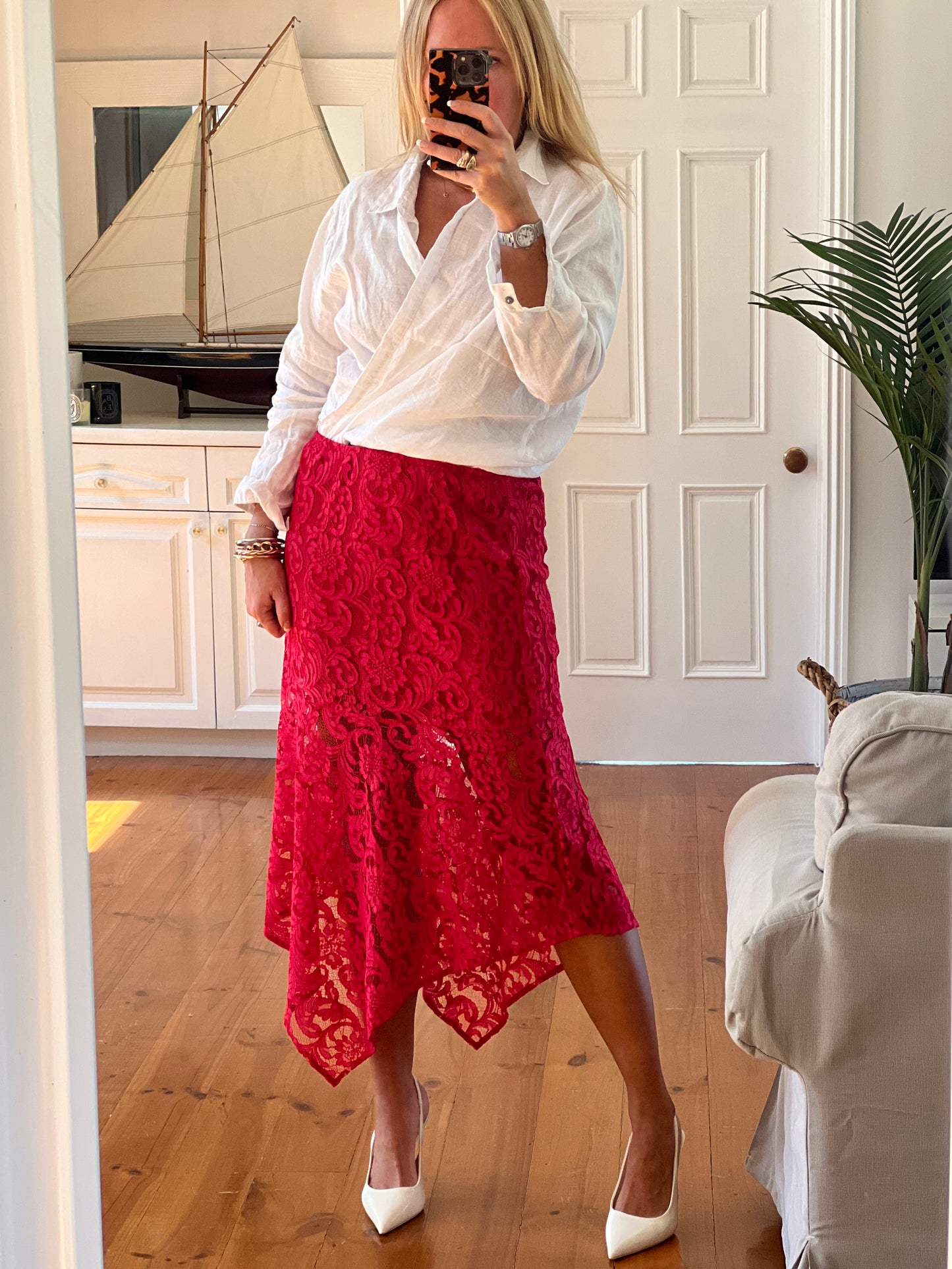 Red Lace Midi Skirt