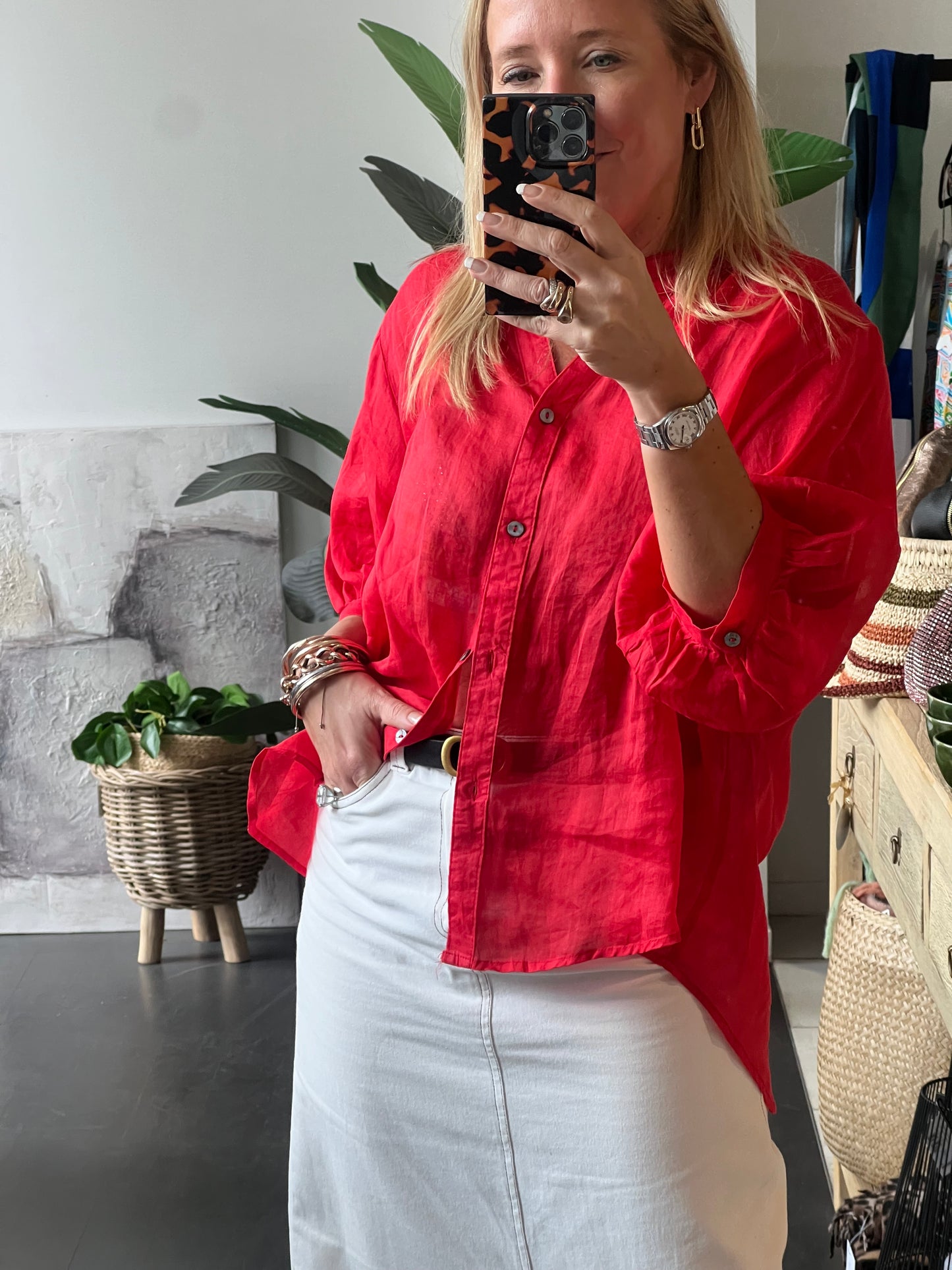 Fine Linen Shirt Travel Top - red