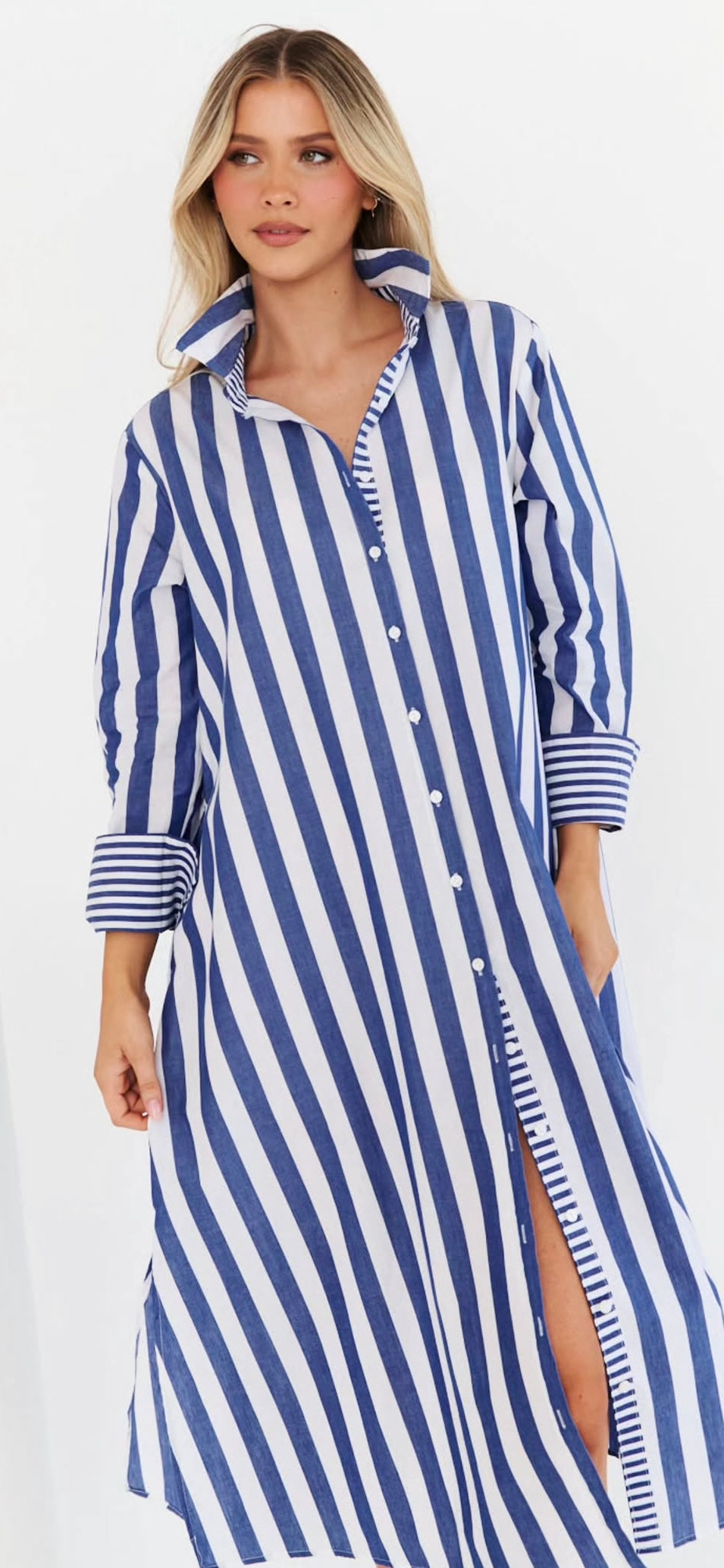 Stripe Long Sleeve Shirt Maxi Dress - Pink