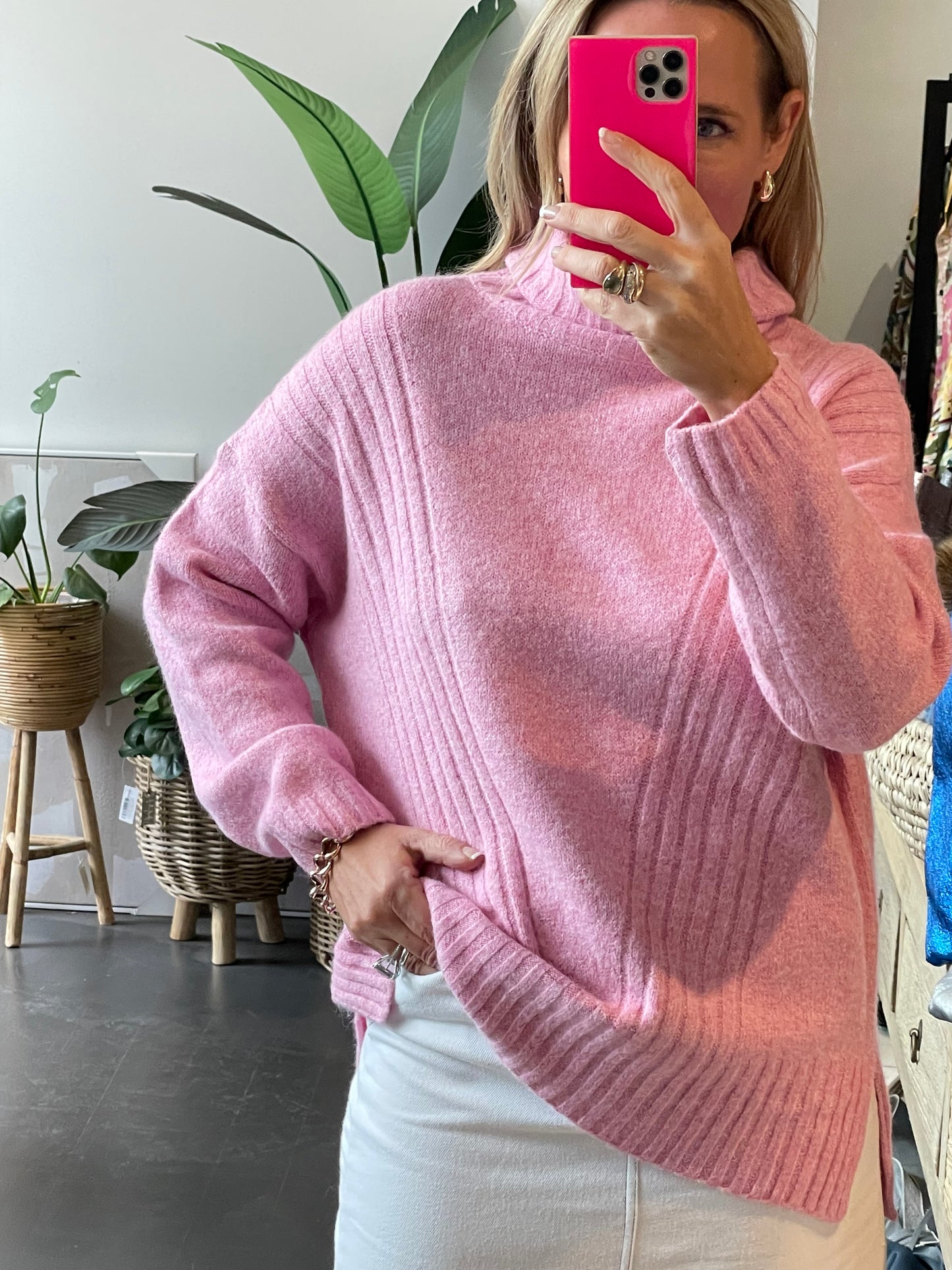 Roll Neck Relaxed Knit- candy pink