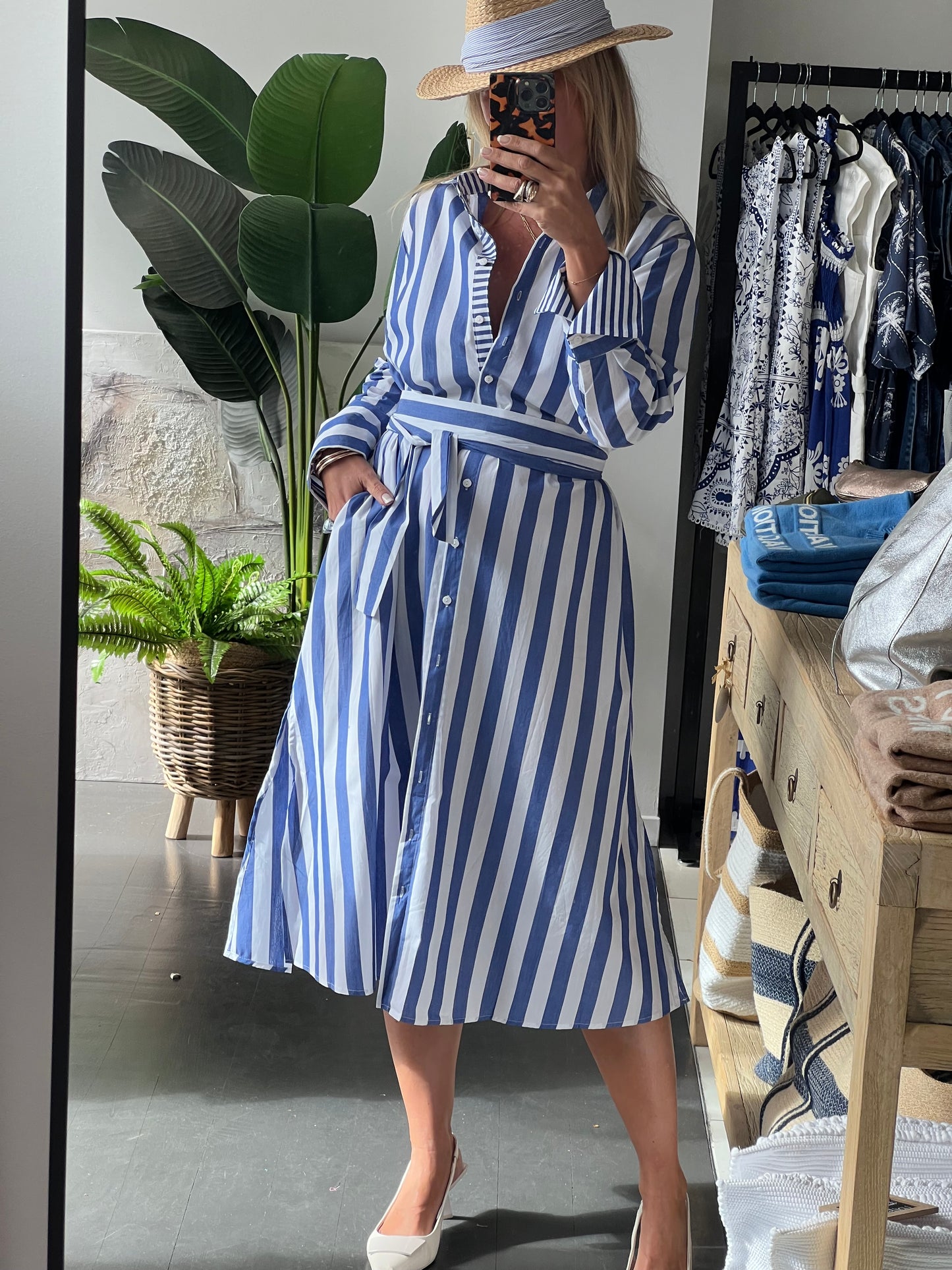 Stripe Long Sleeve Shirt Maxi Dress - Blue