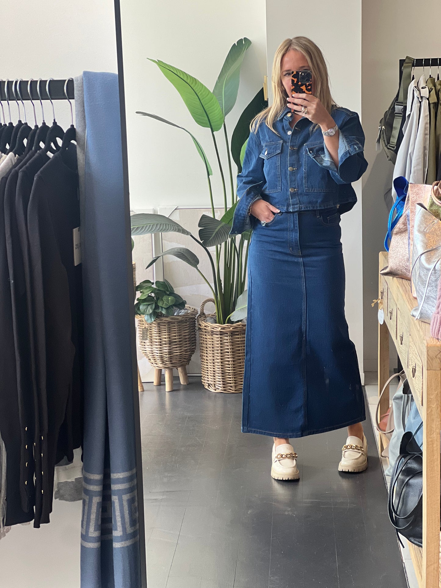 Back Split Indigo Wash Denim Maxi Skirt