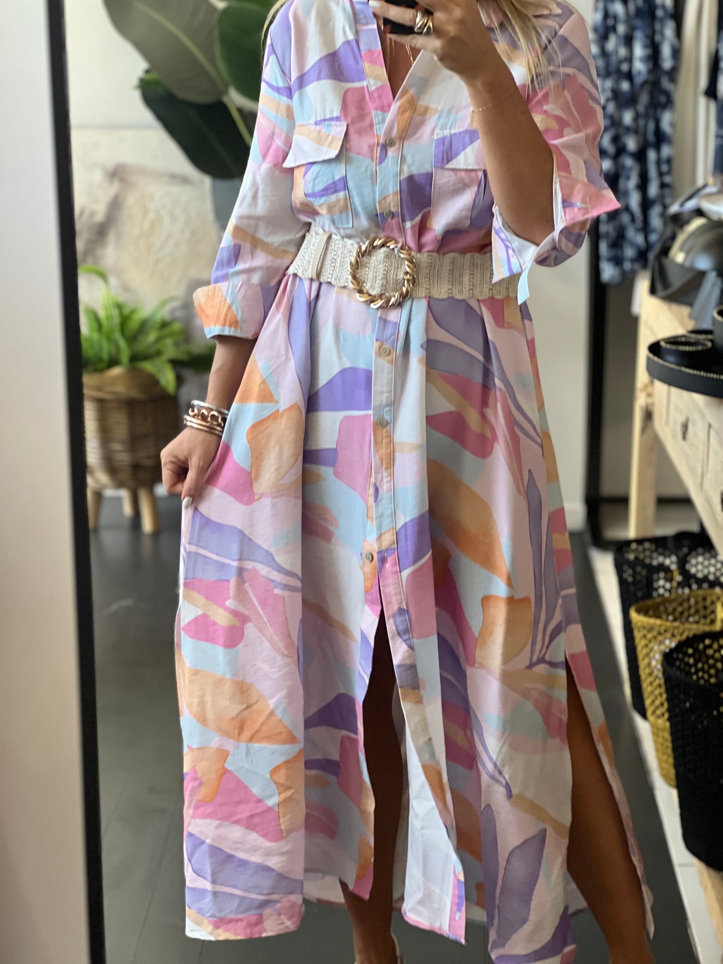 Watercolour Maxi Shirt Midi Dress- Pink