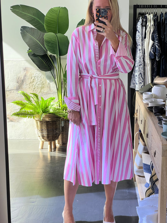 Stripe Long Sleeve Shirt Maxi Dress - Pink