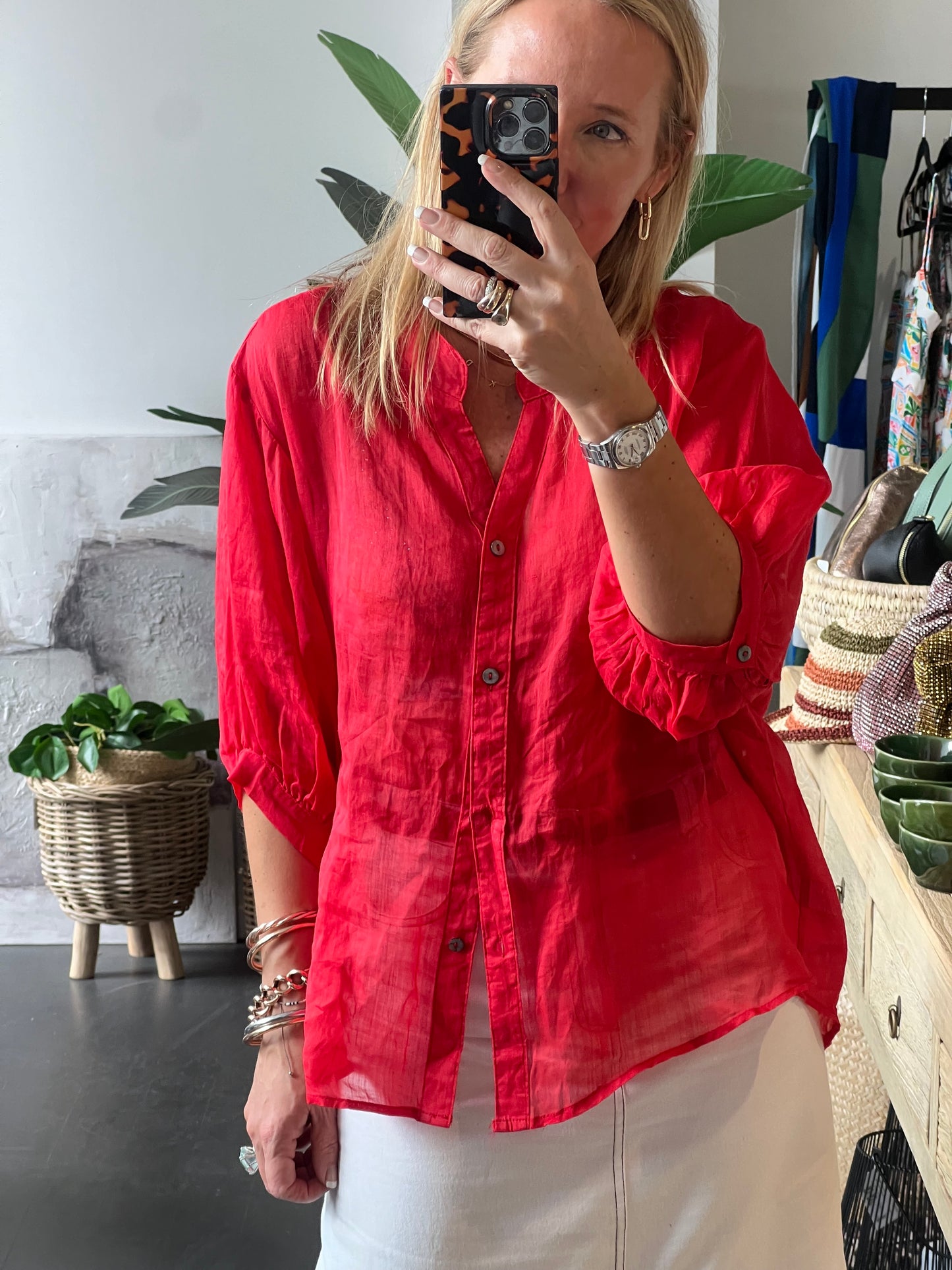 Fine Linen Shirt Travel Top - red