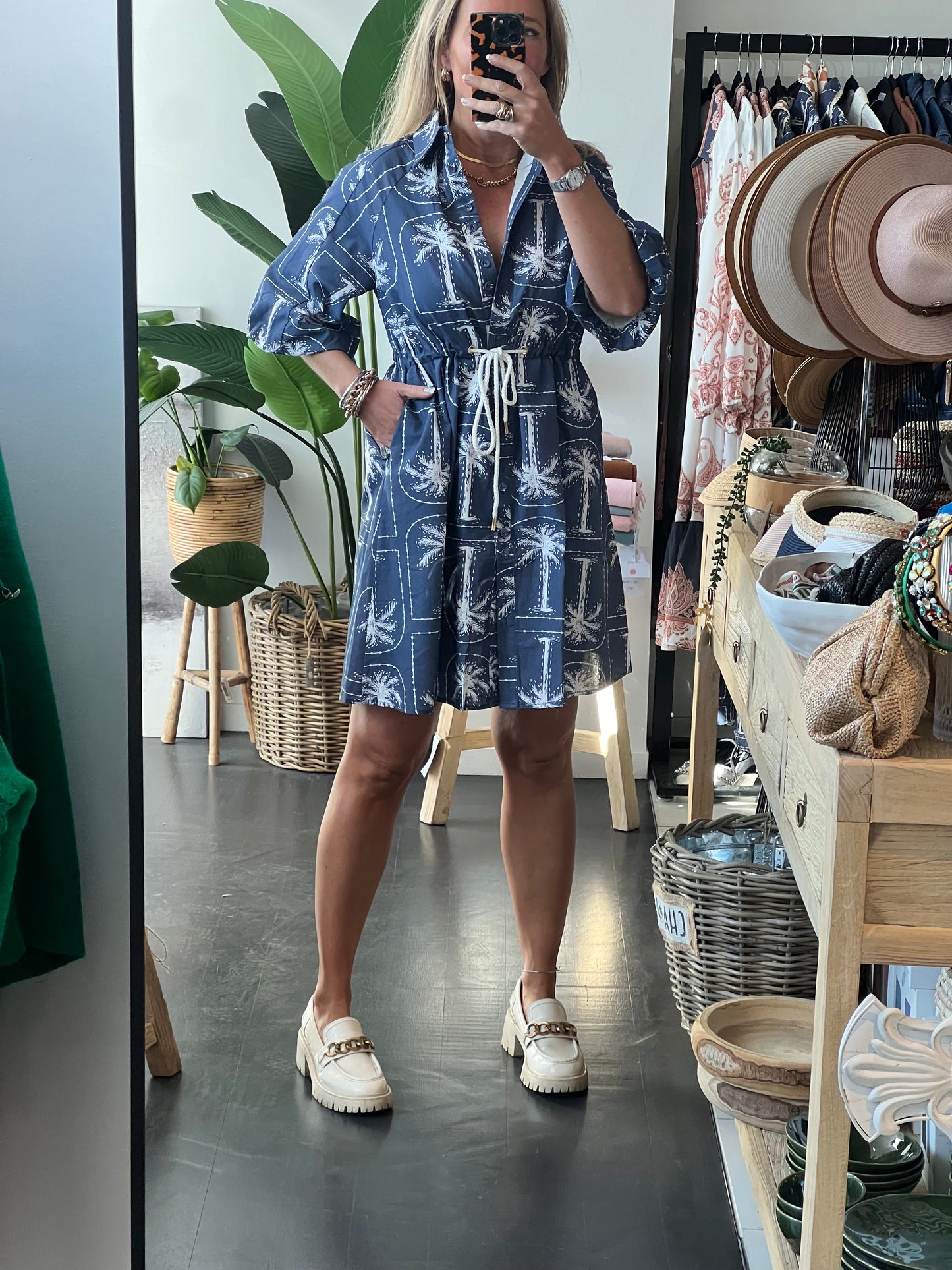 Navy Palms Shirt Dress