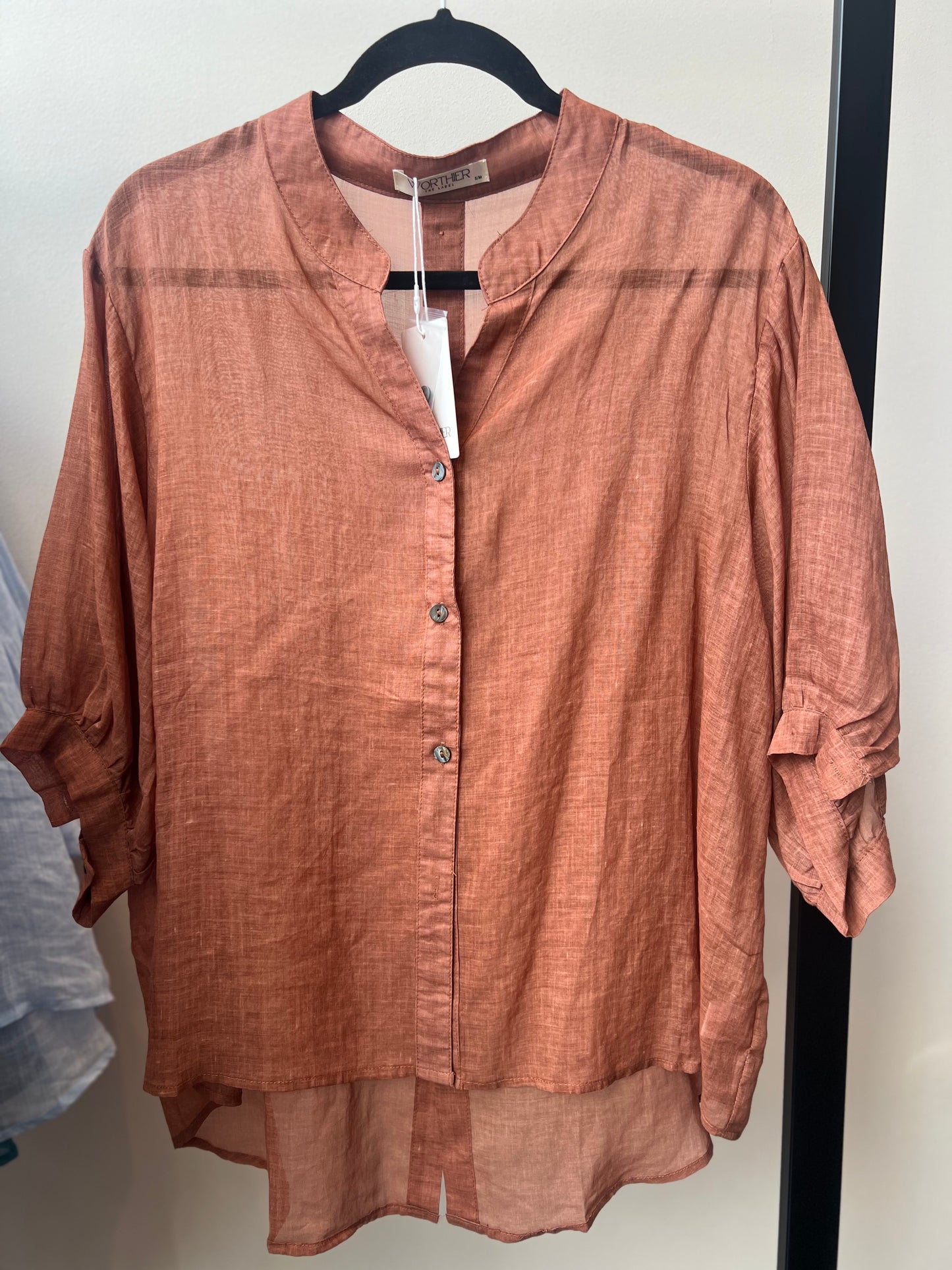 Fine Linen Shirt Travel Top  - Tobacco