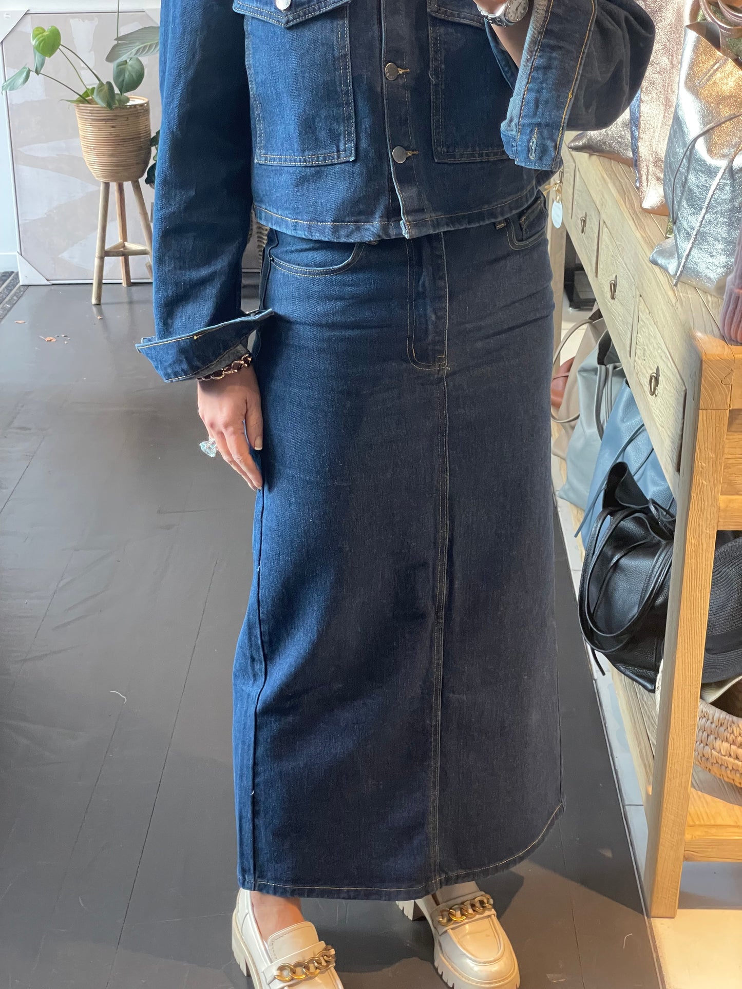 Back Split Indigo Wash Denim Maxi Skirt