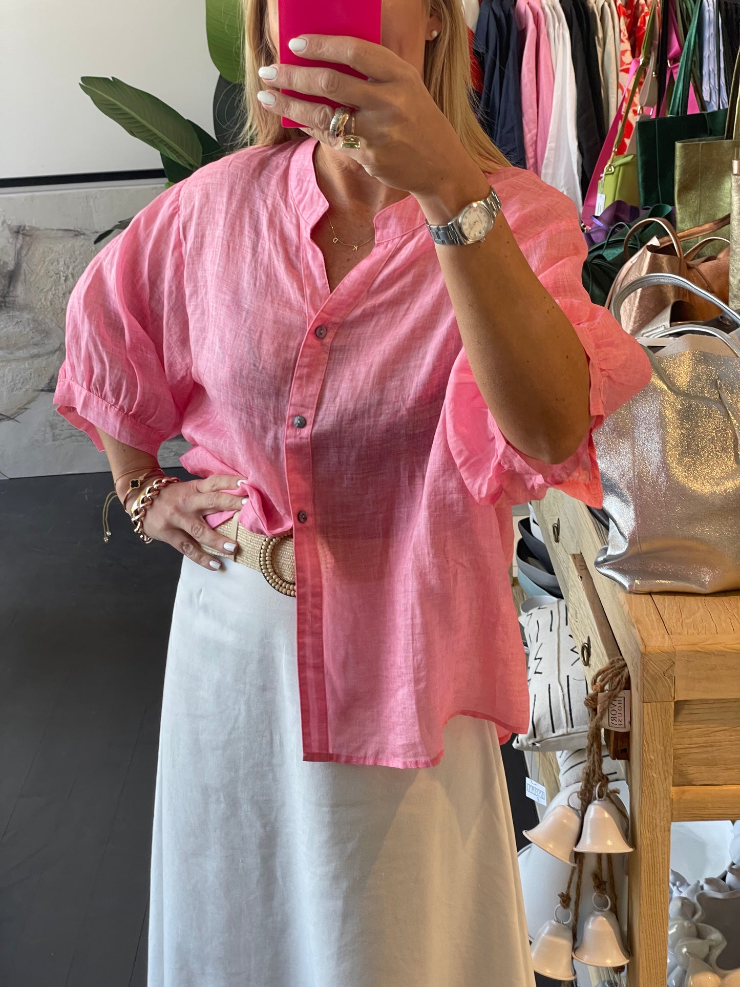 Fine Linen Shirt Travel Top - Pink